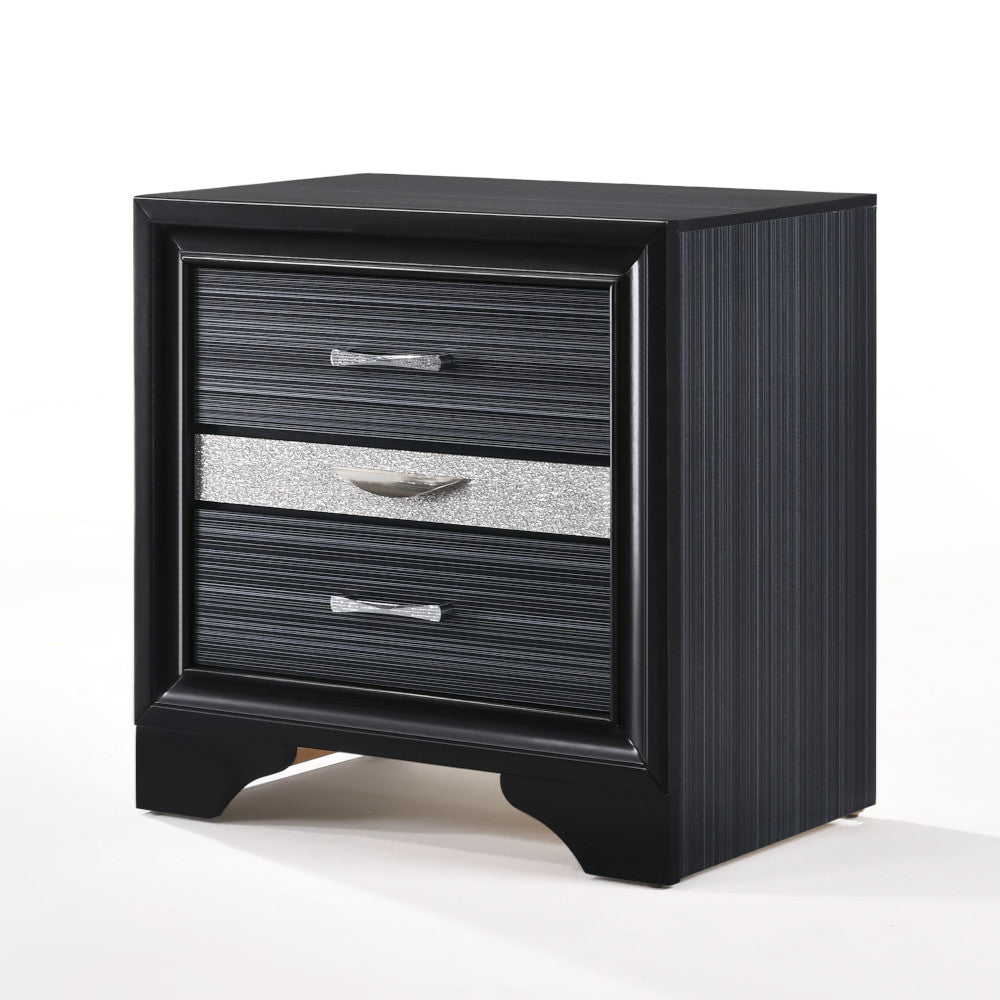 Black nightstand with three drawers featuring textured fronts and crystallike drawer pulls