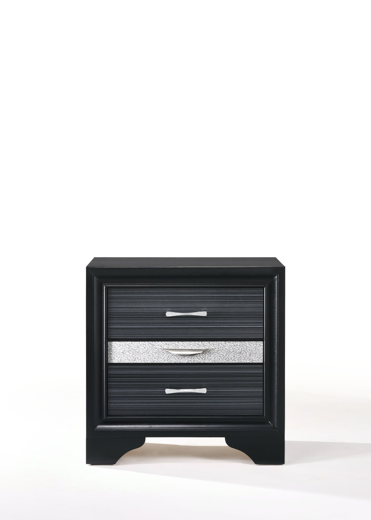 Black wooden nightstand with three drawers and silver hardware