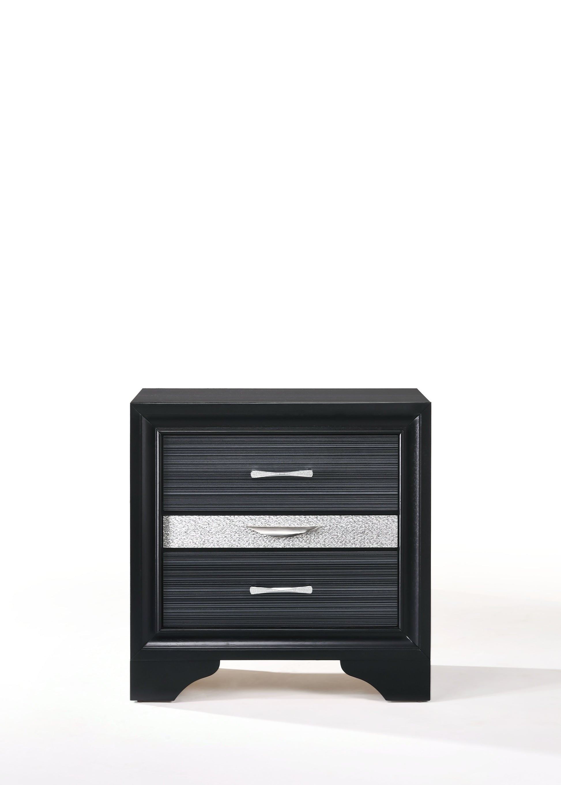 Black wooden nightstand with three drawers and silver hardware