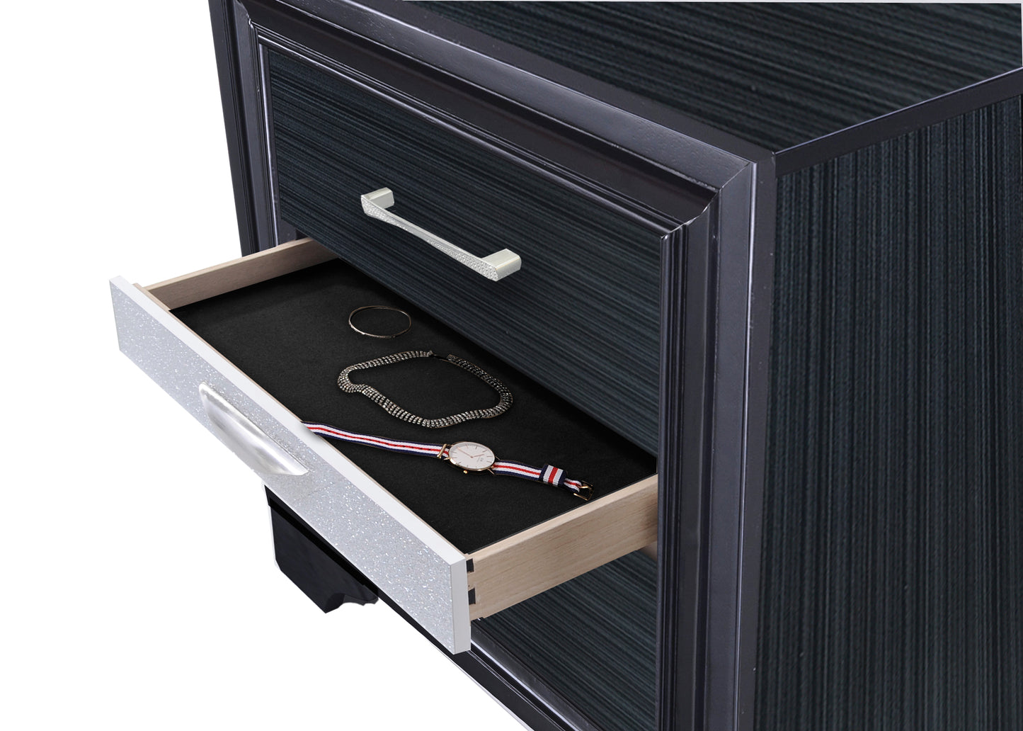 Dark wood nightstand with textured drawers and jeweled handle