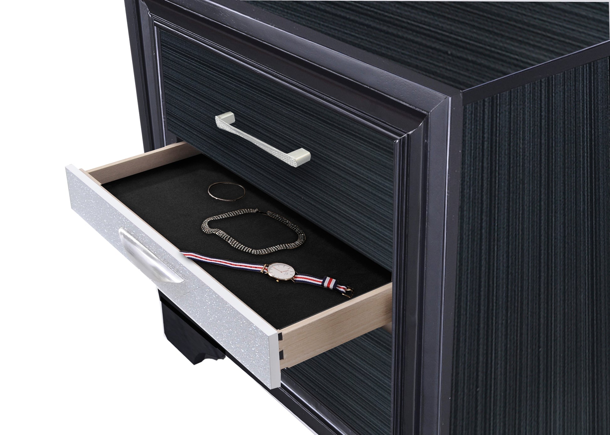 Dark wood nightstand with textured drawers and jeweled handle