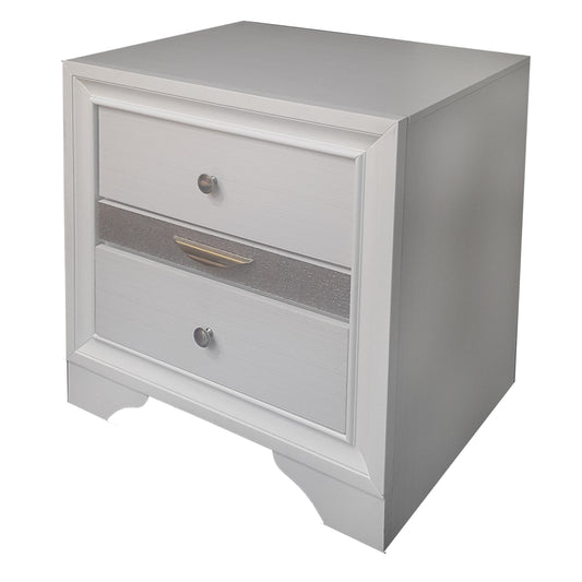 White twodrawer nightstand with brushed nickel knobs and a textured drawer front insert