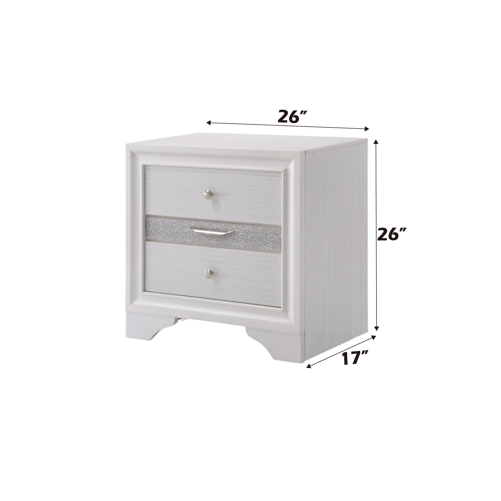 White nightstand with two drawers and silver trim