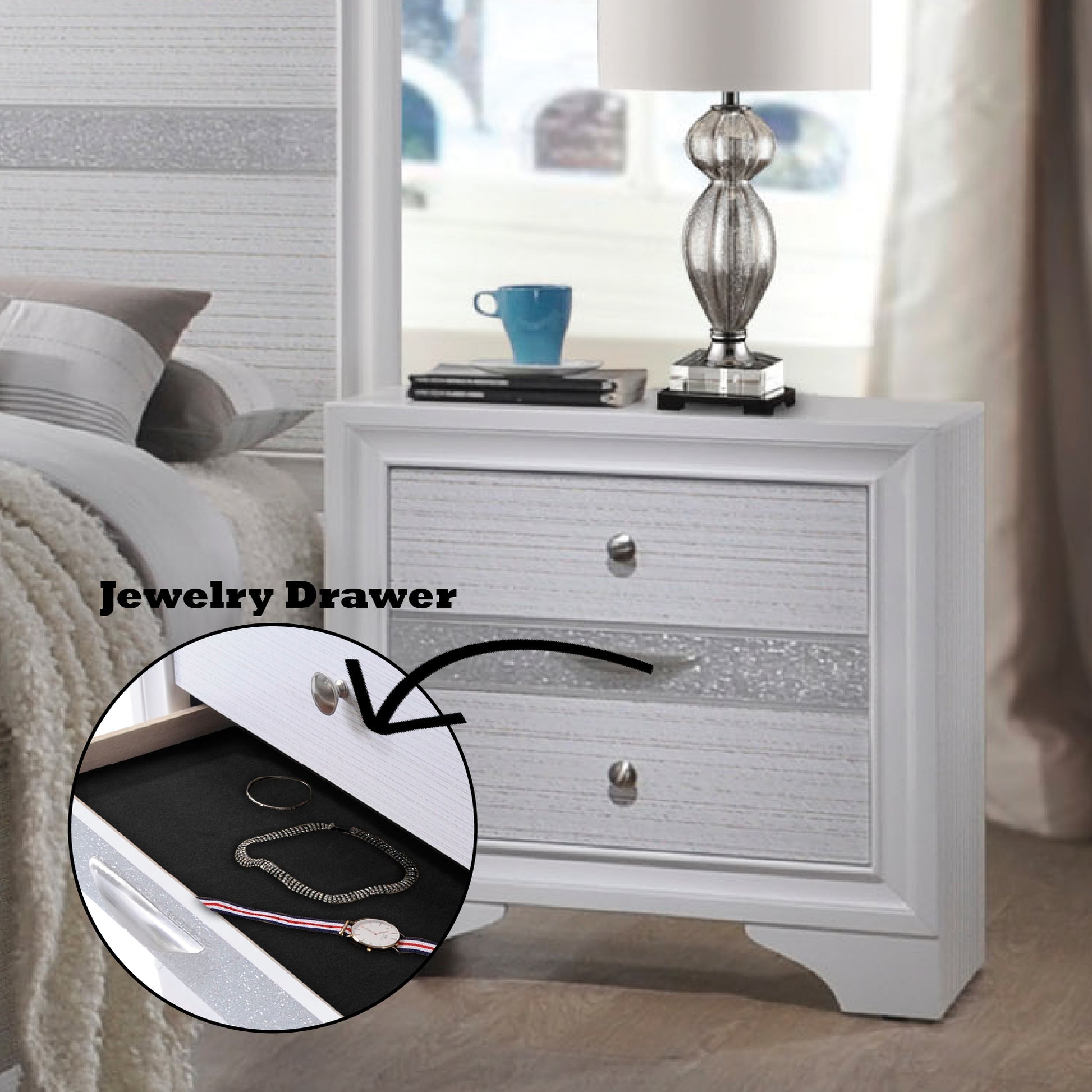 White mirrored accent nightstand with a jewelry drawer featuring a necklace bracelet and watch
