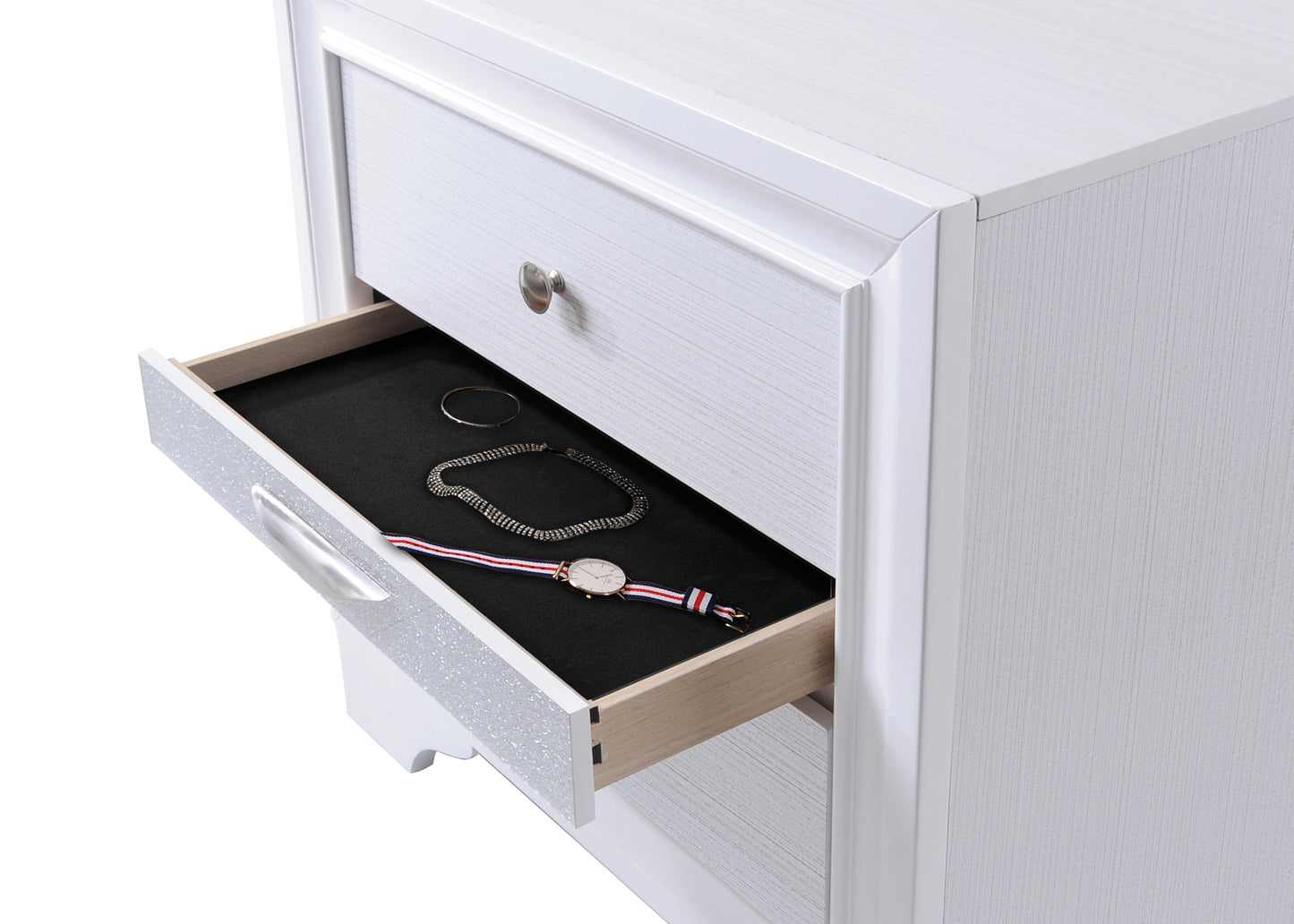 White glitter nightstand drawer with watch and jewelry