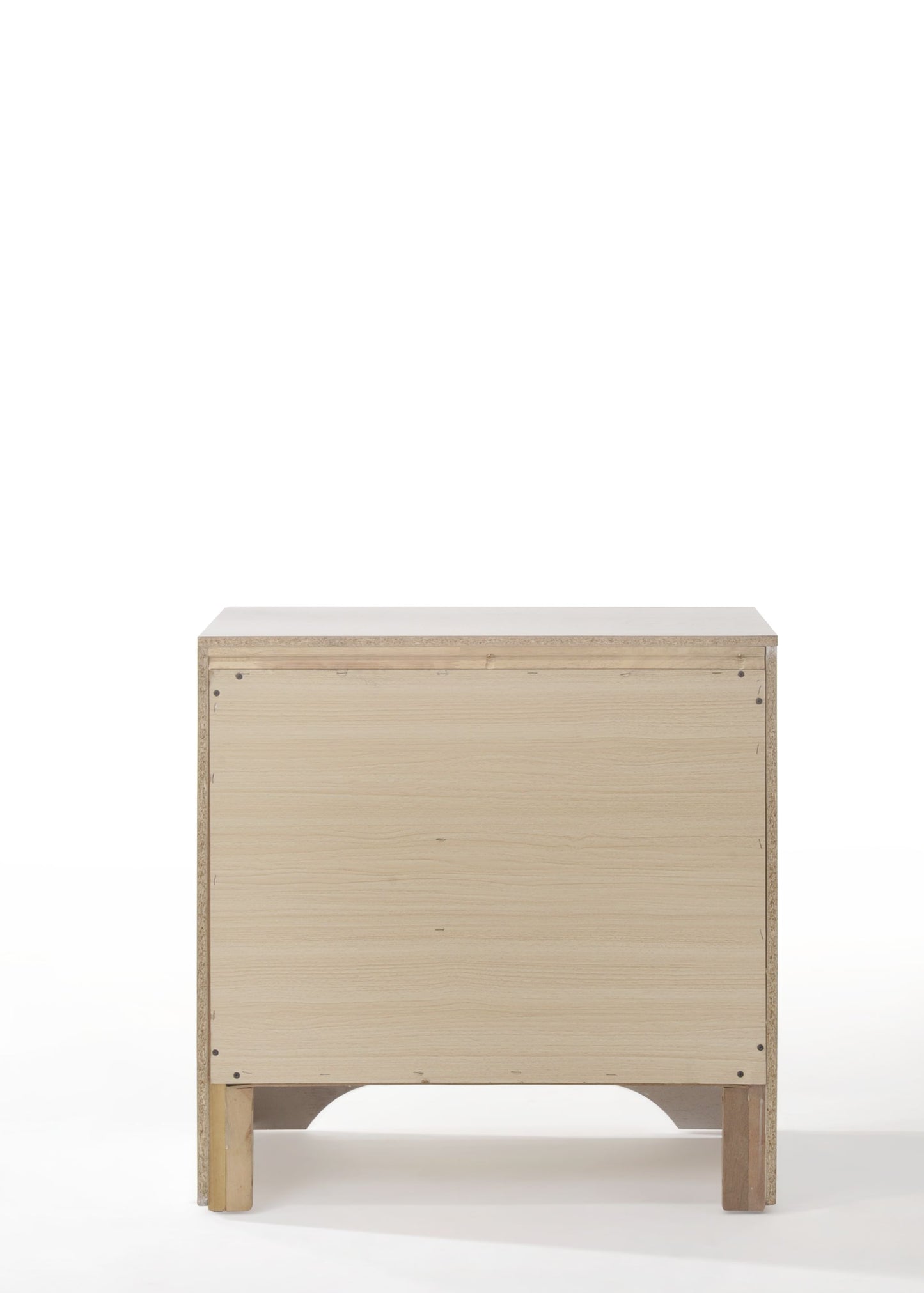 Back view of a light wood particle board nightstand with simple wooden legs
