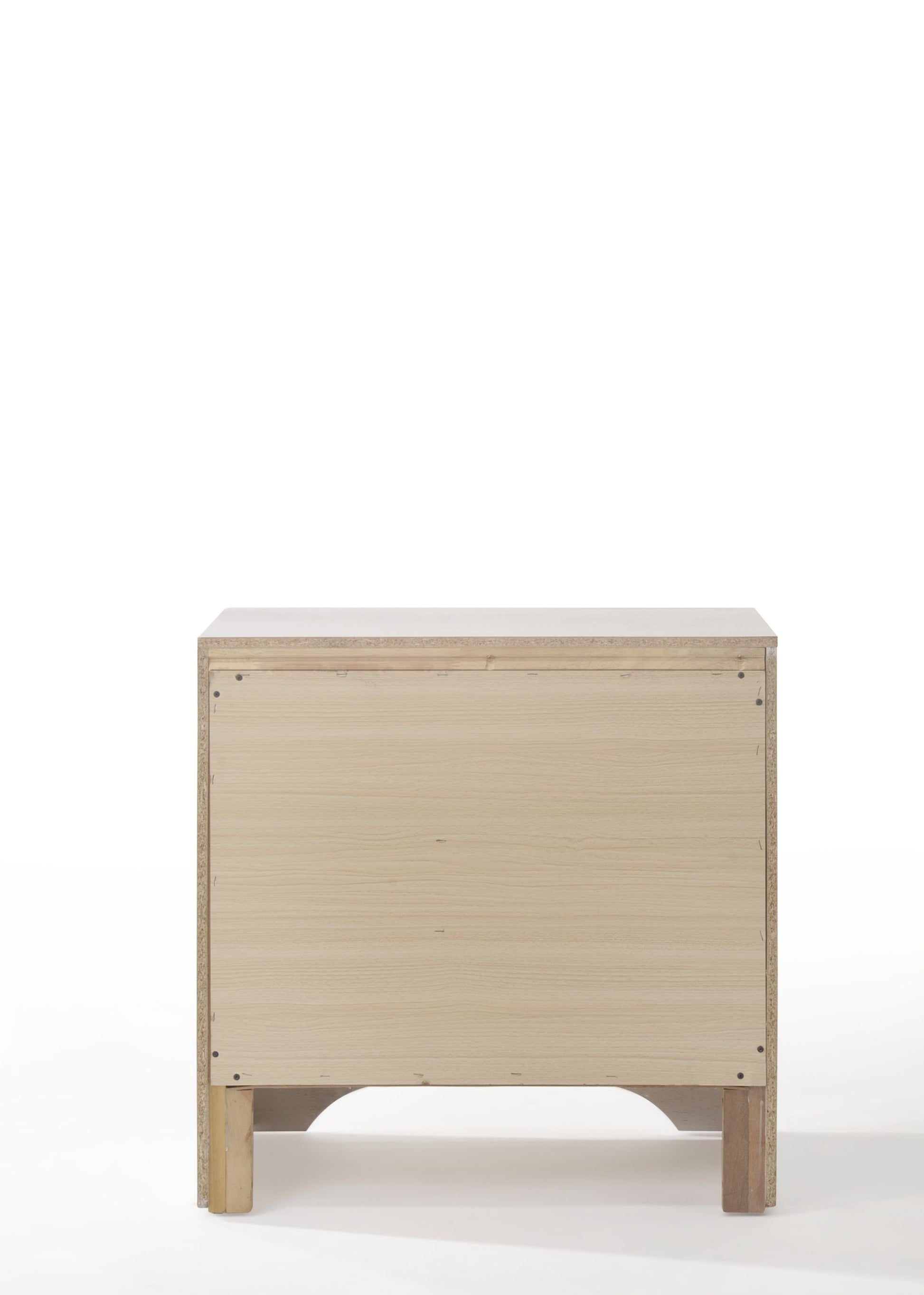 Back view of a light wood particle board nightstand with simple wooden legs