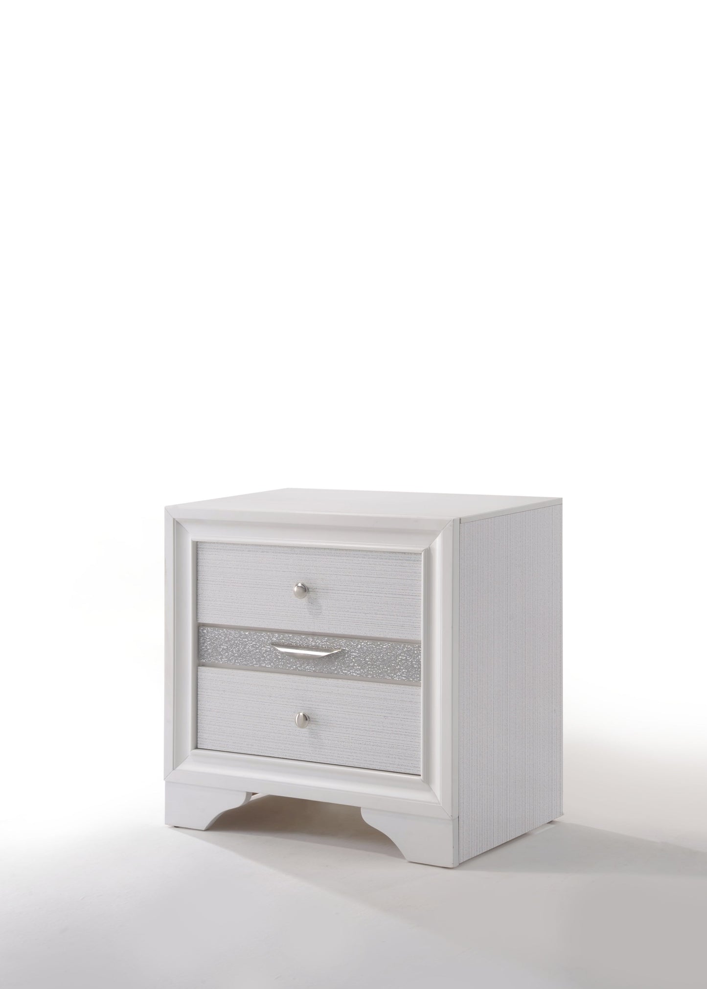 White wood nightstand with three drawers and silver hardware