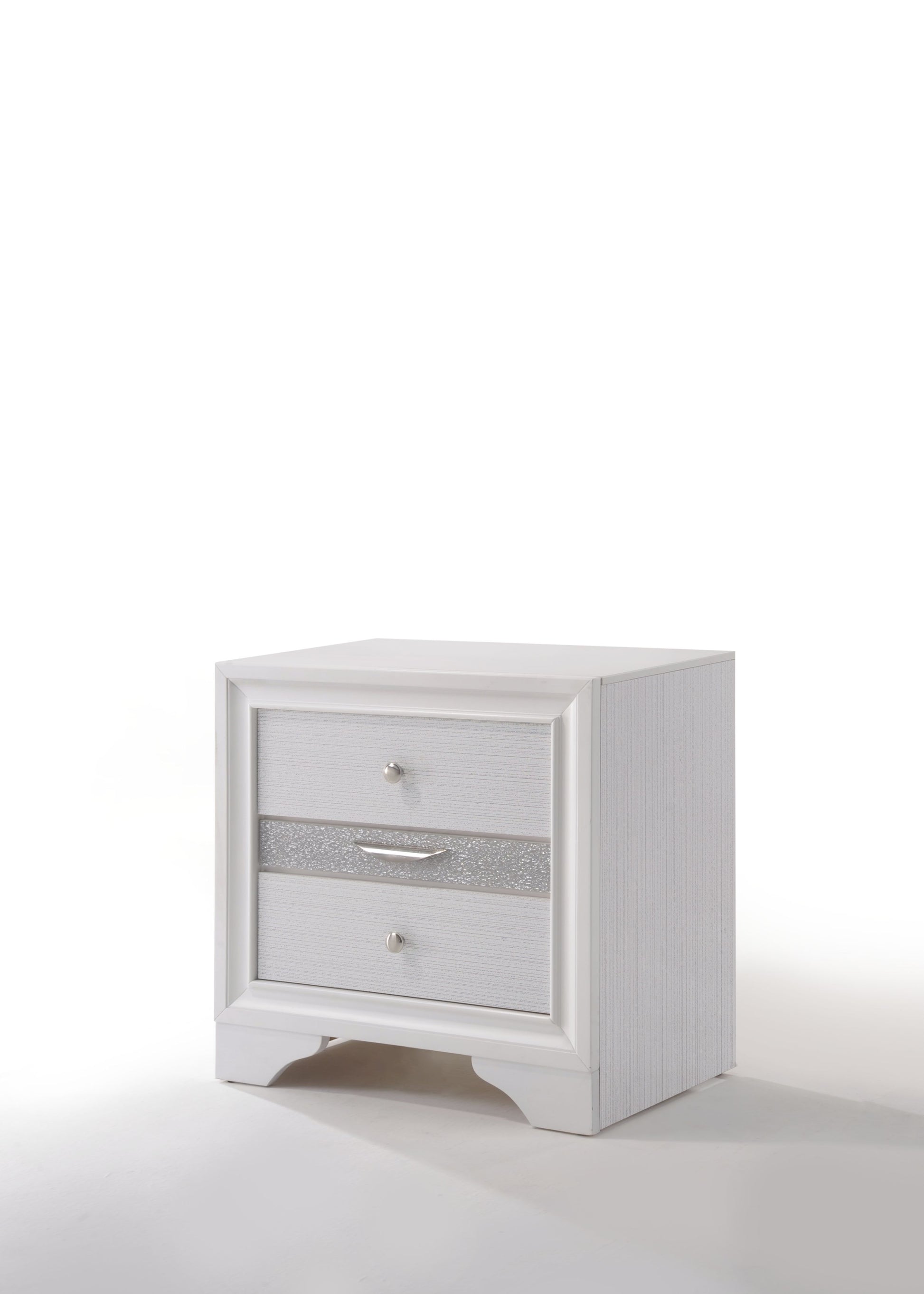 White wood nightstand with three drawers and silver hardware