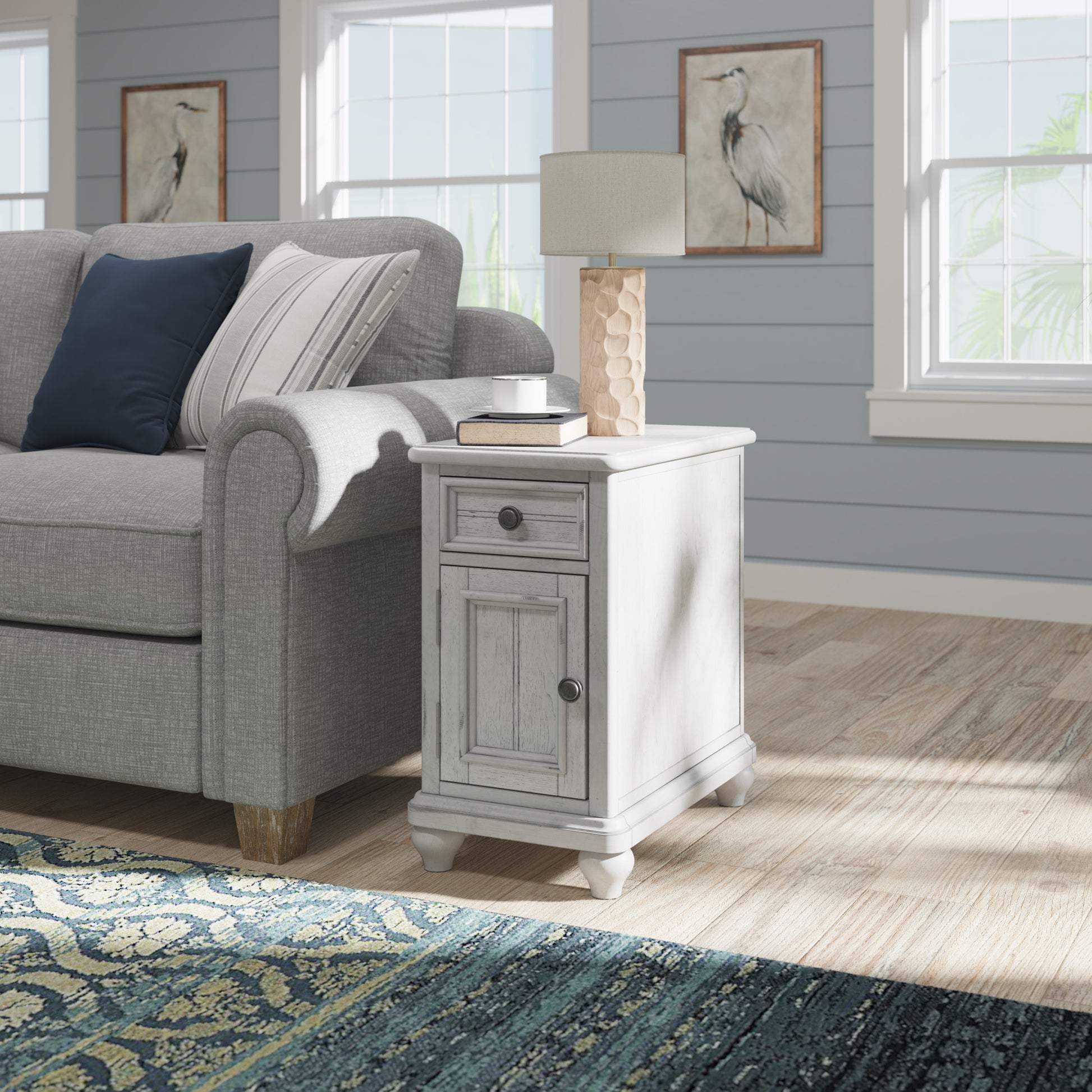 White farmhouse end table with drawer and cabinet
