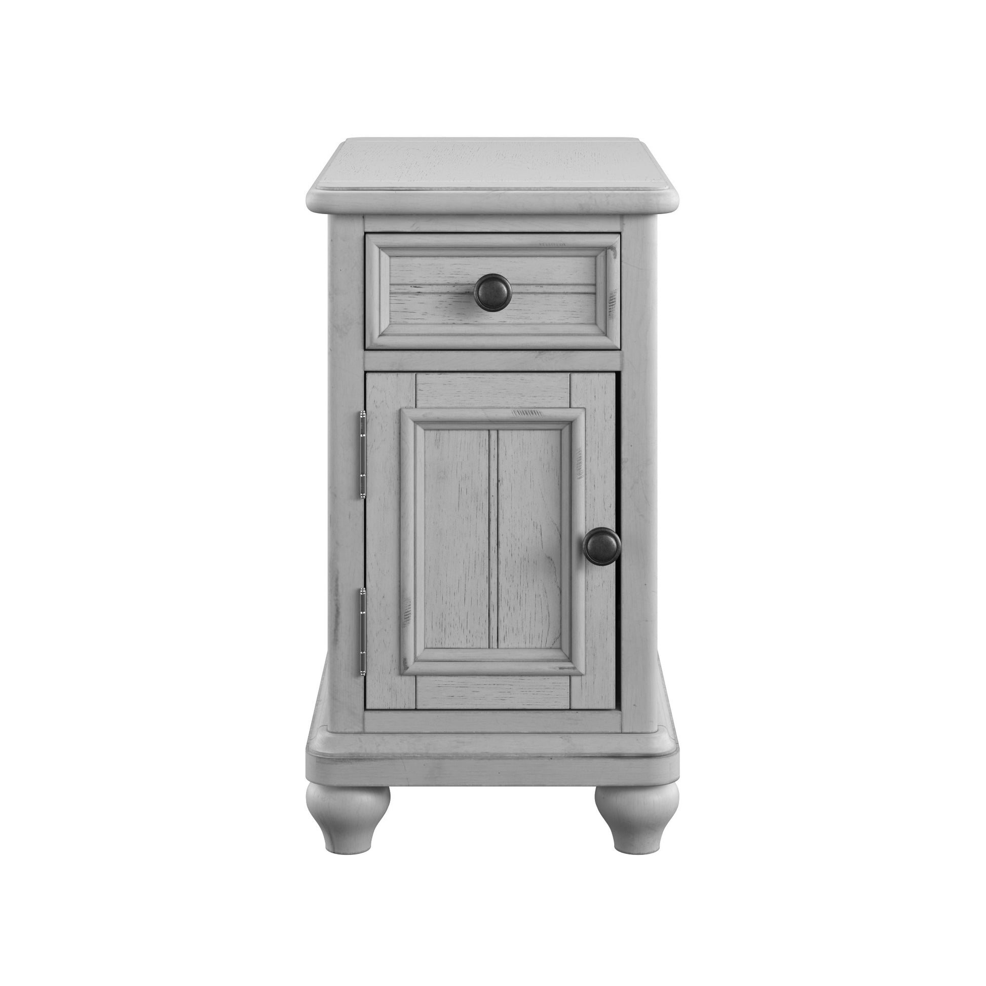 White distressed wood nightstand with one drawer and one cabinet door