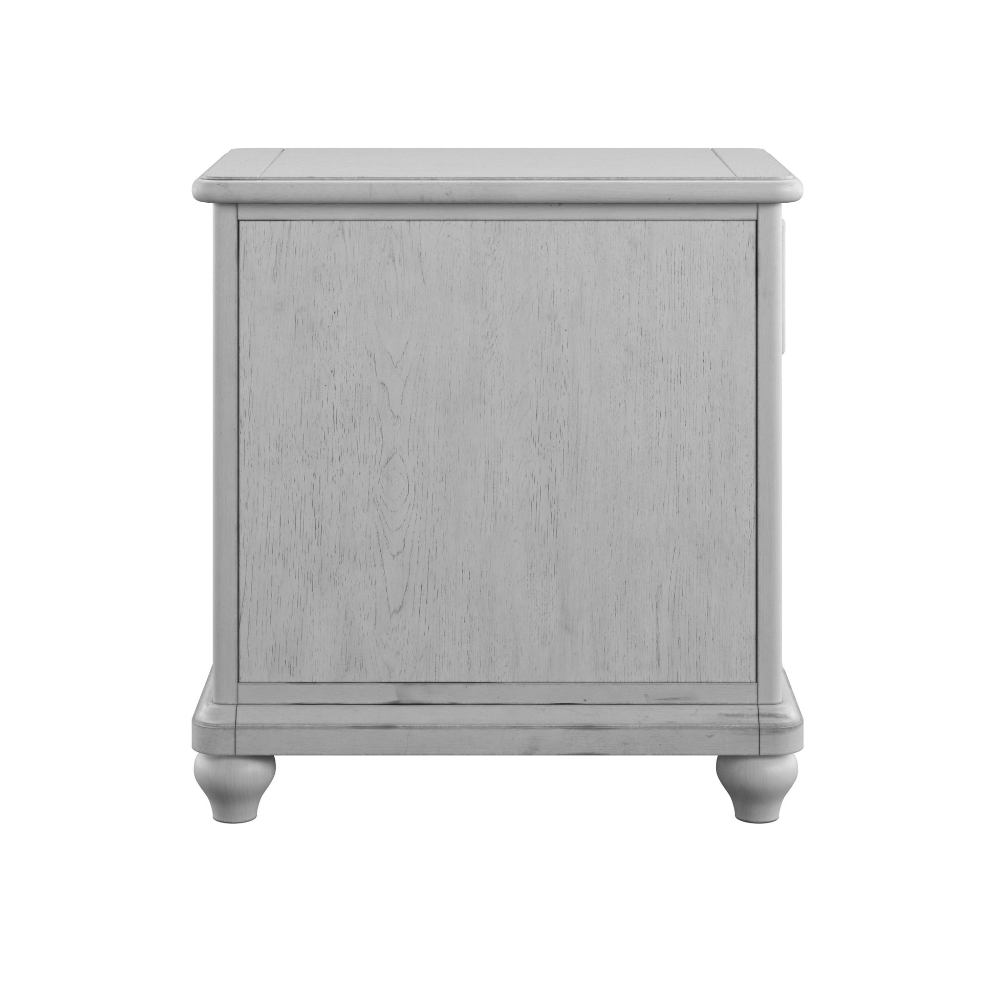 White distressed wood nightstand with carved legs