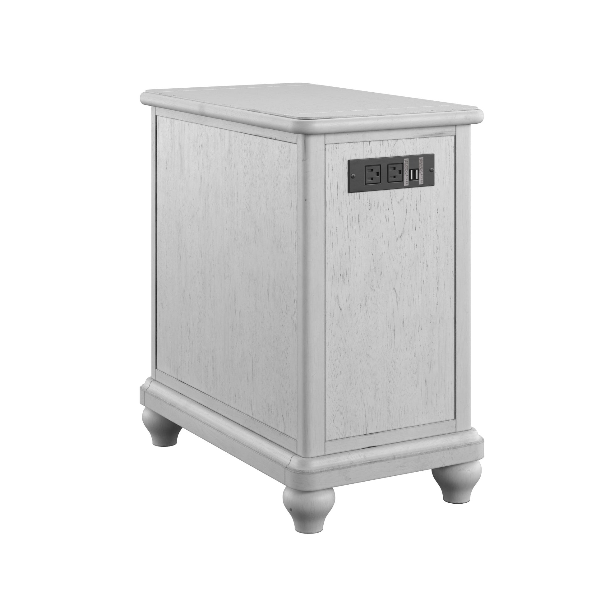 White wash oak finish accent table with builtin USB ports and power outlet