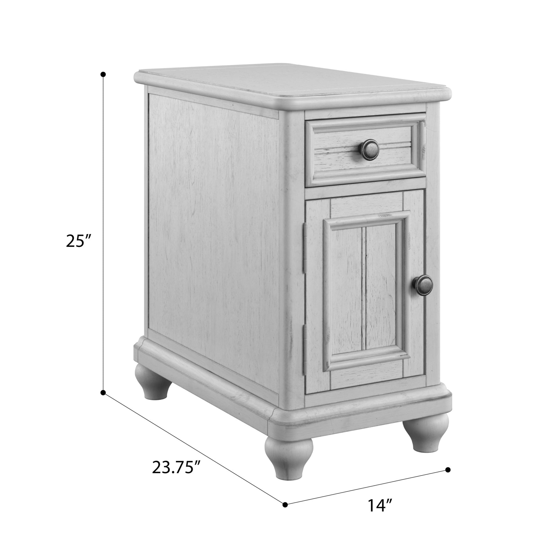 White distressed wood accent cabinet with one drawer and cabinet door