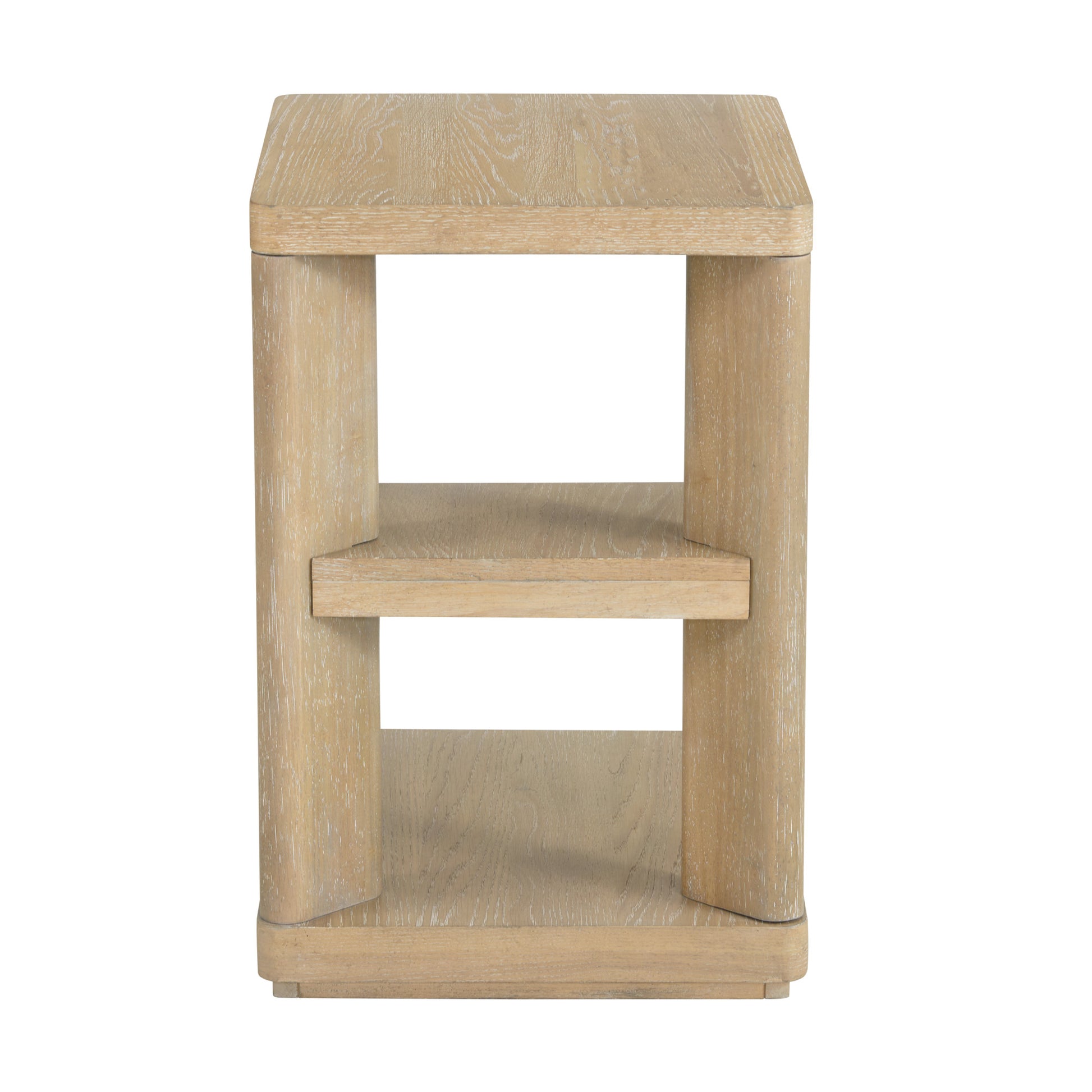 Light oak wood side table with two open shelves