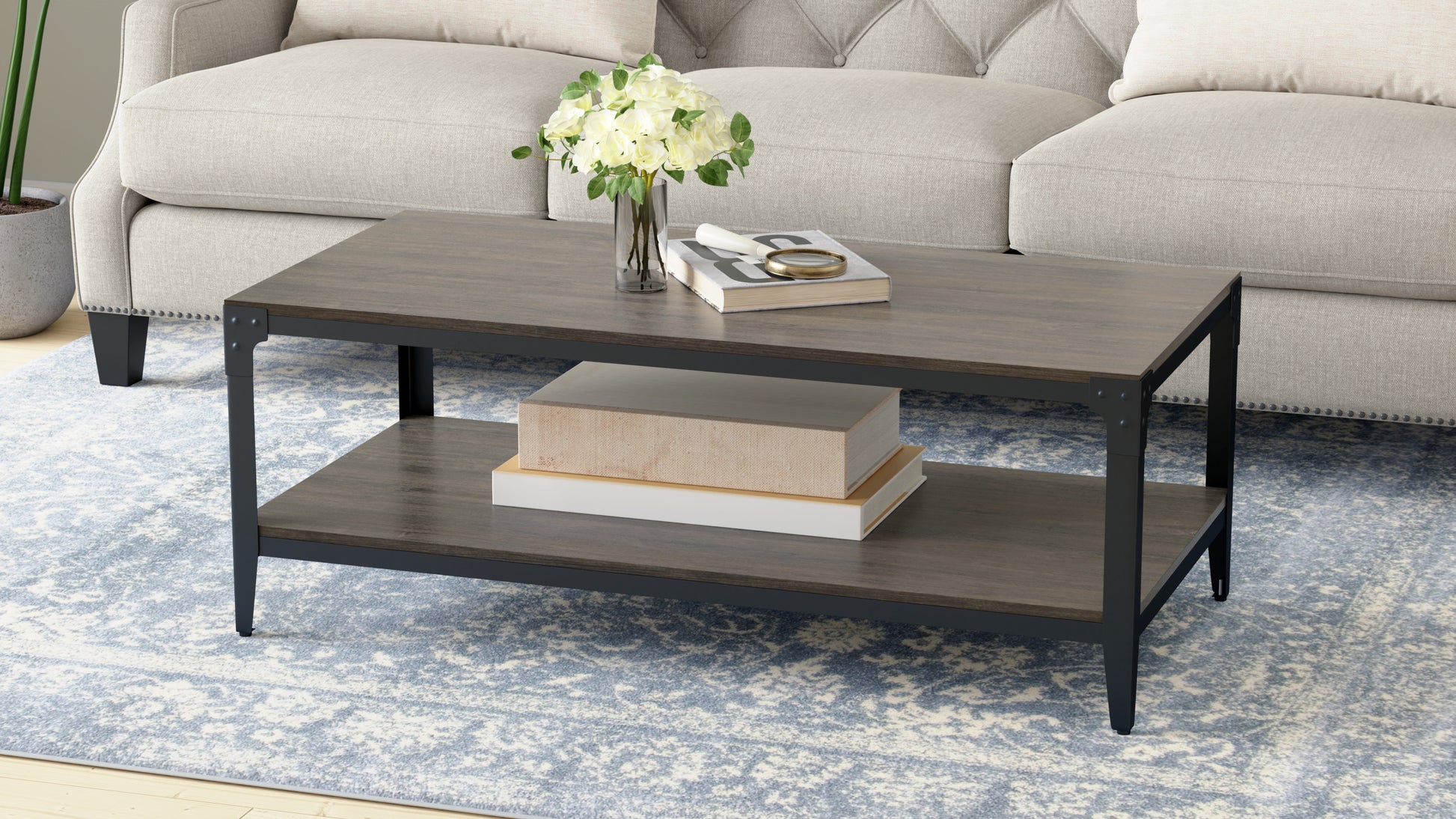 Rustic oak coffee table with black metal frame and lower shelf