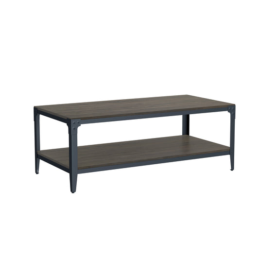 Industrial twotier coffee table with dark wood grain shelves and black metal frame