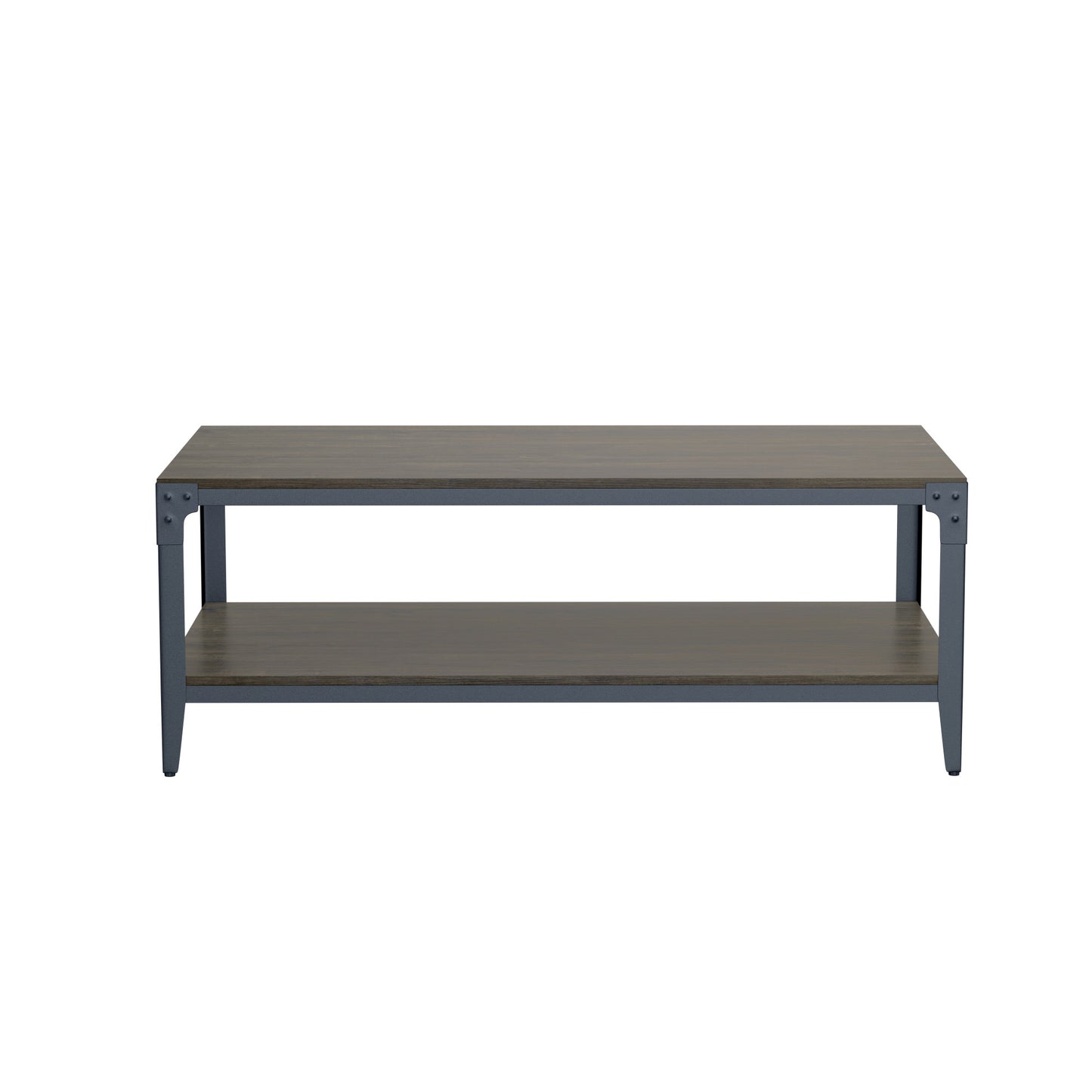 Rustic twotier coffee table with dark wood grain finish and metal frame