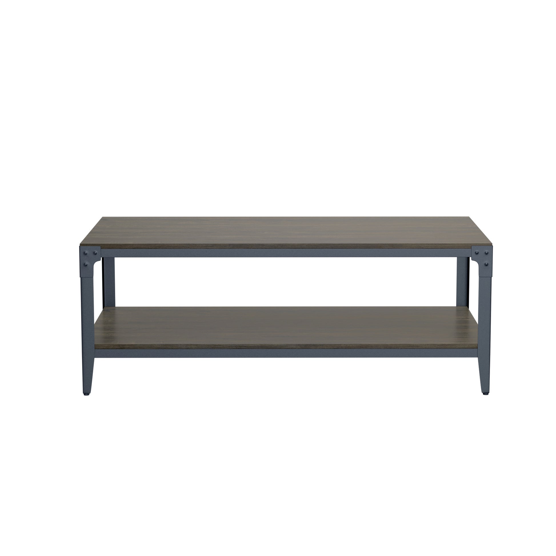 Rustic twotier coffee table with dark wood grain finish and metal frame
