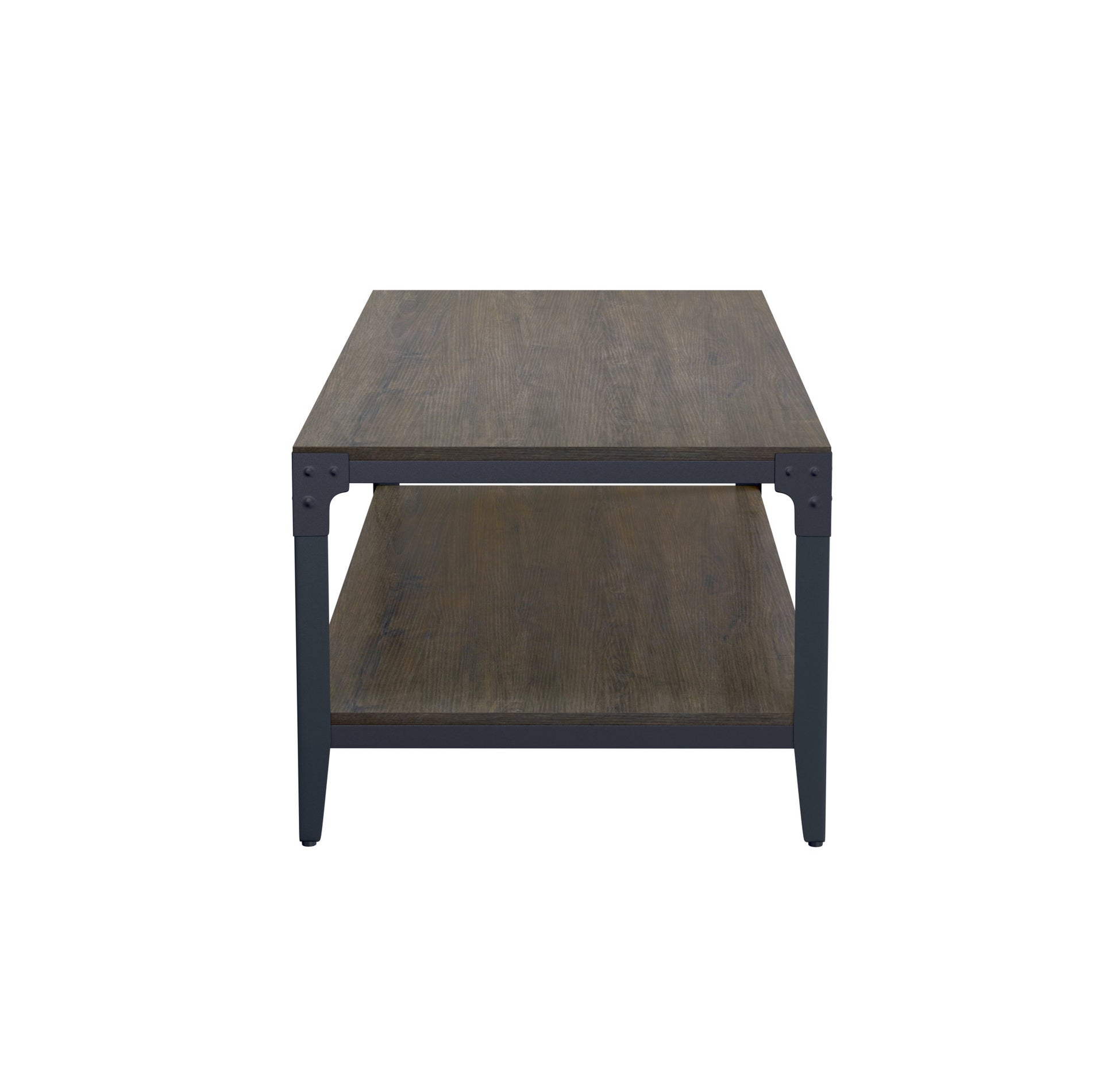 Rustic twotier coffee table with dark wood and metal frame