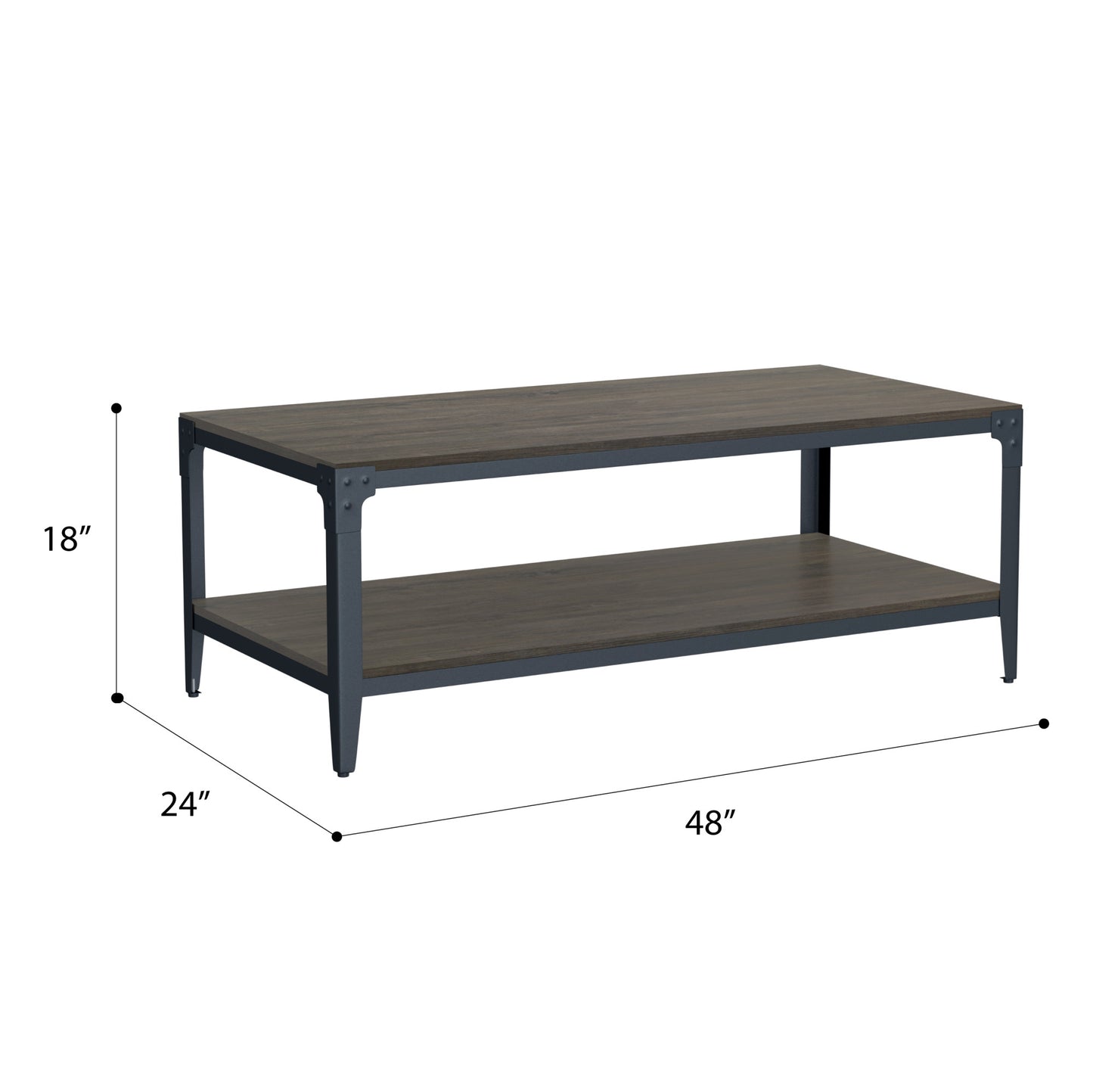 Industrial style coffee table with dark wood top and metal frame