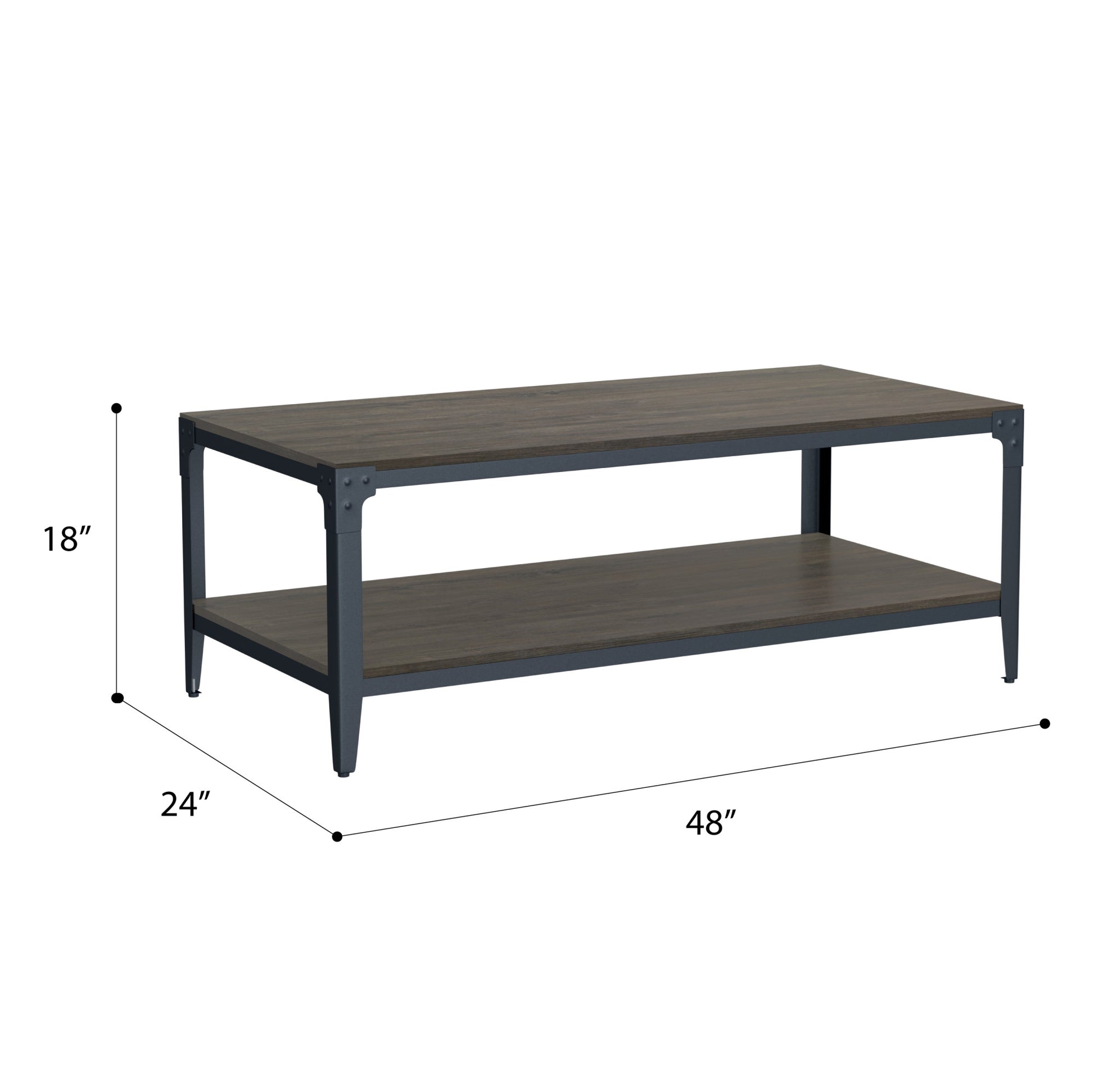 Industrial style coffee table with dark wood top and metal frame