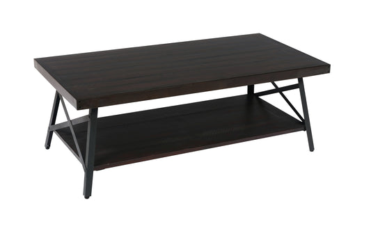 Dark wood industrial coffee table with metal legs and lower shelf