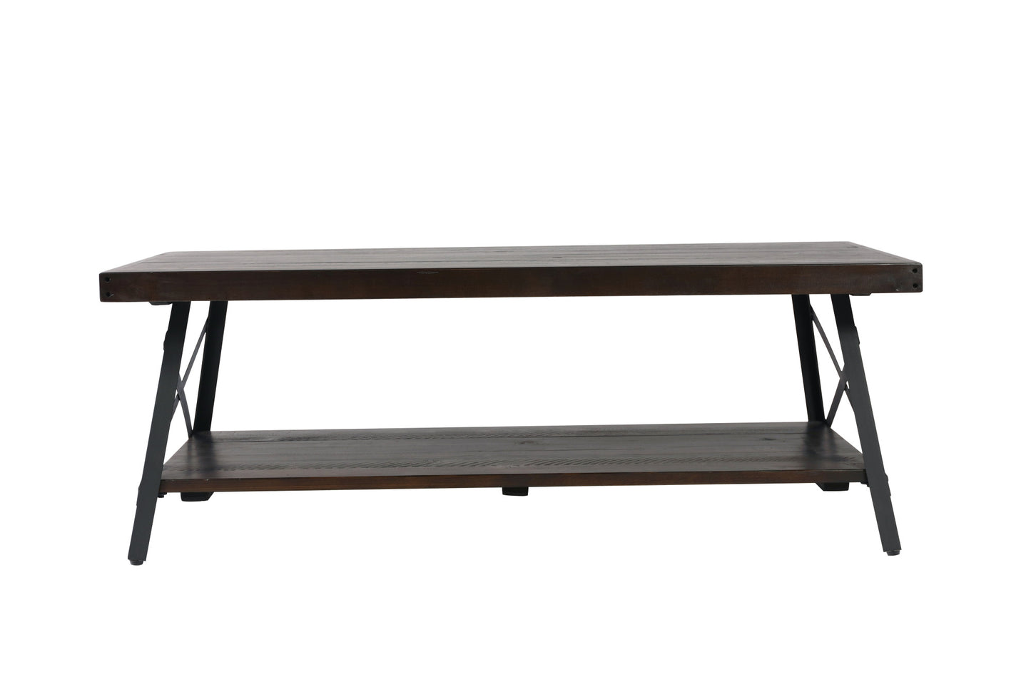 Rustic dark wood coffee table with metal legs and a bottom shelf