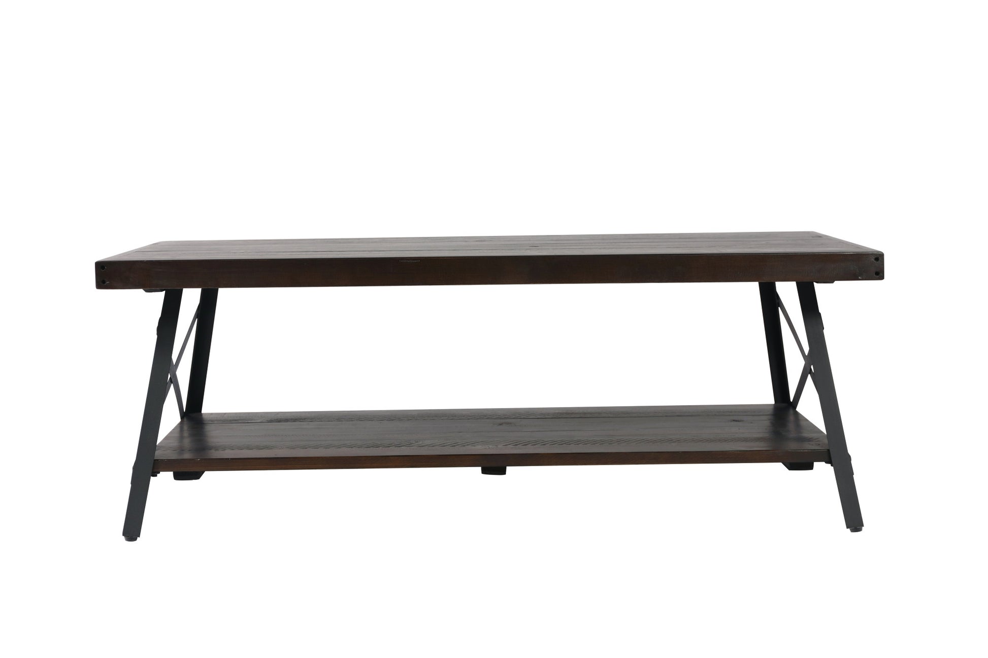 Rustic dark wood coffee table with metal legs and a bottom shelf