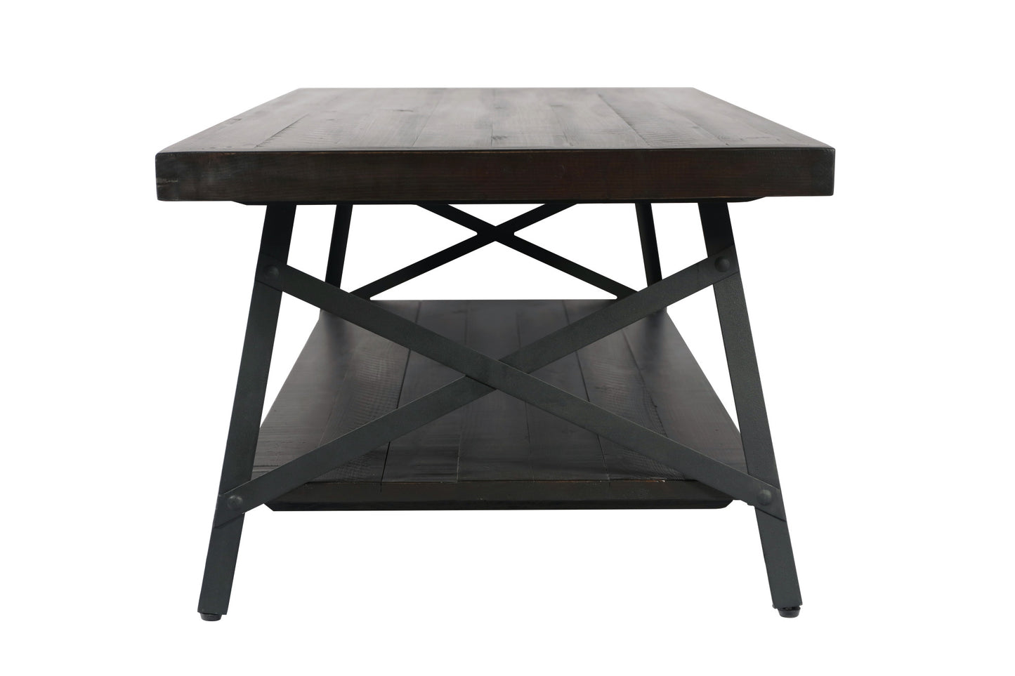 Dark wood coffee table with black metal base and shelf