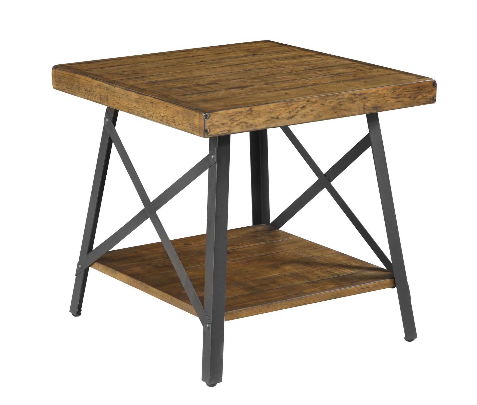 Rustic wood end table with metal legs and lower shelf