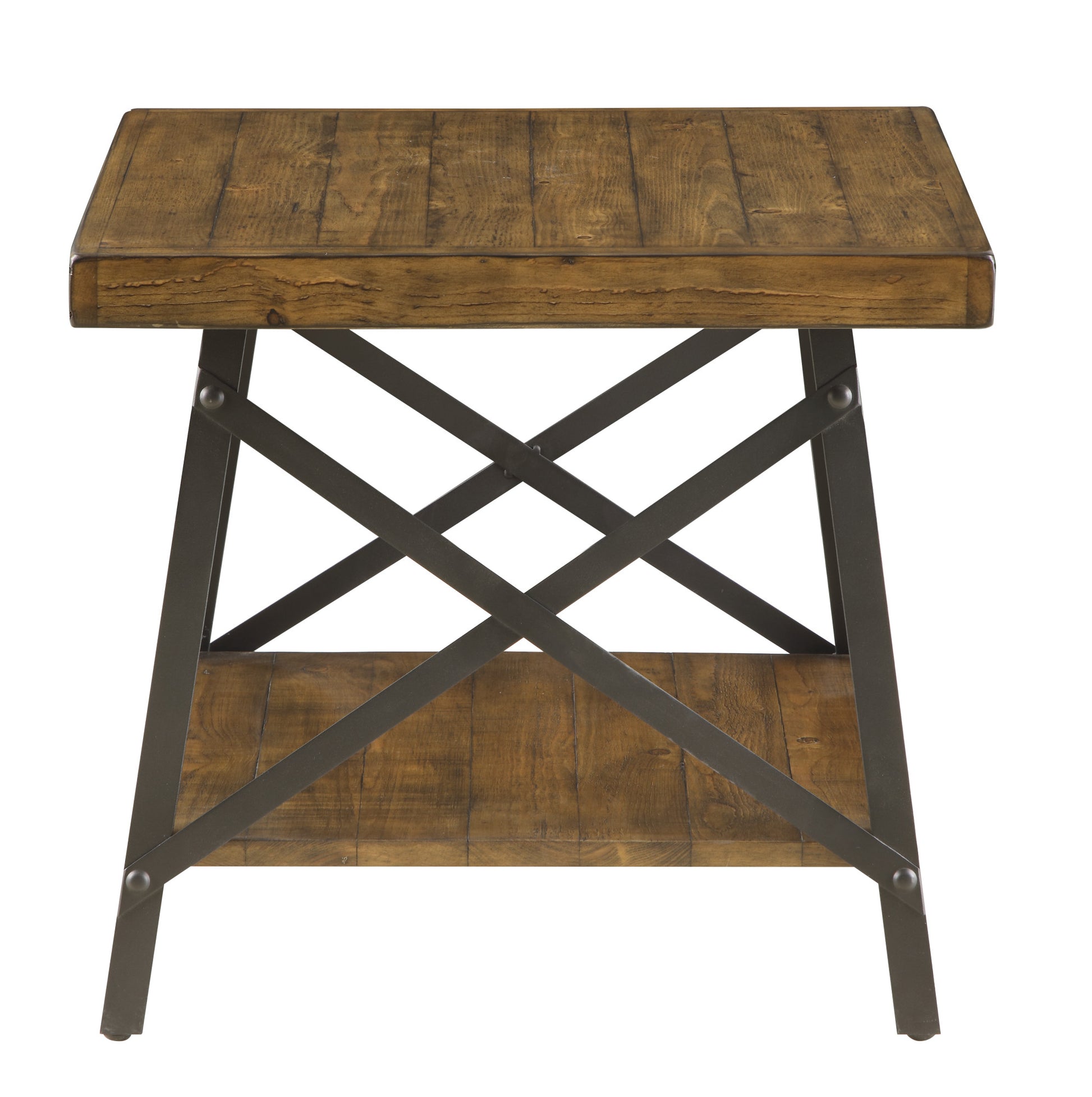 Rustic brown wood and dark metal industrial end table with lower shelf