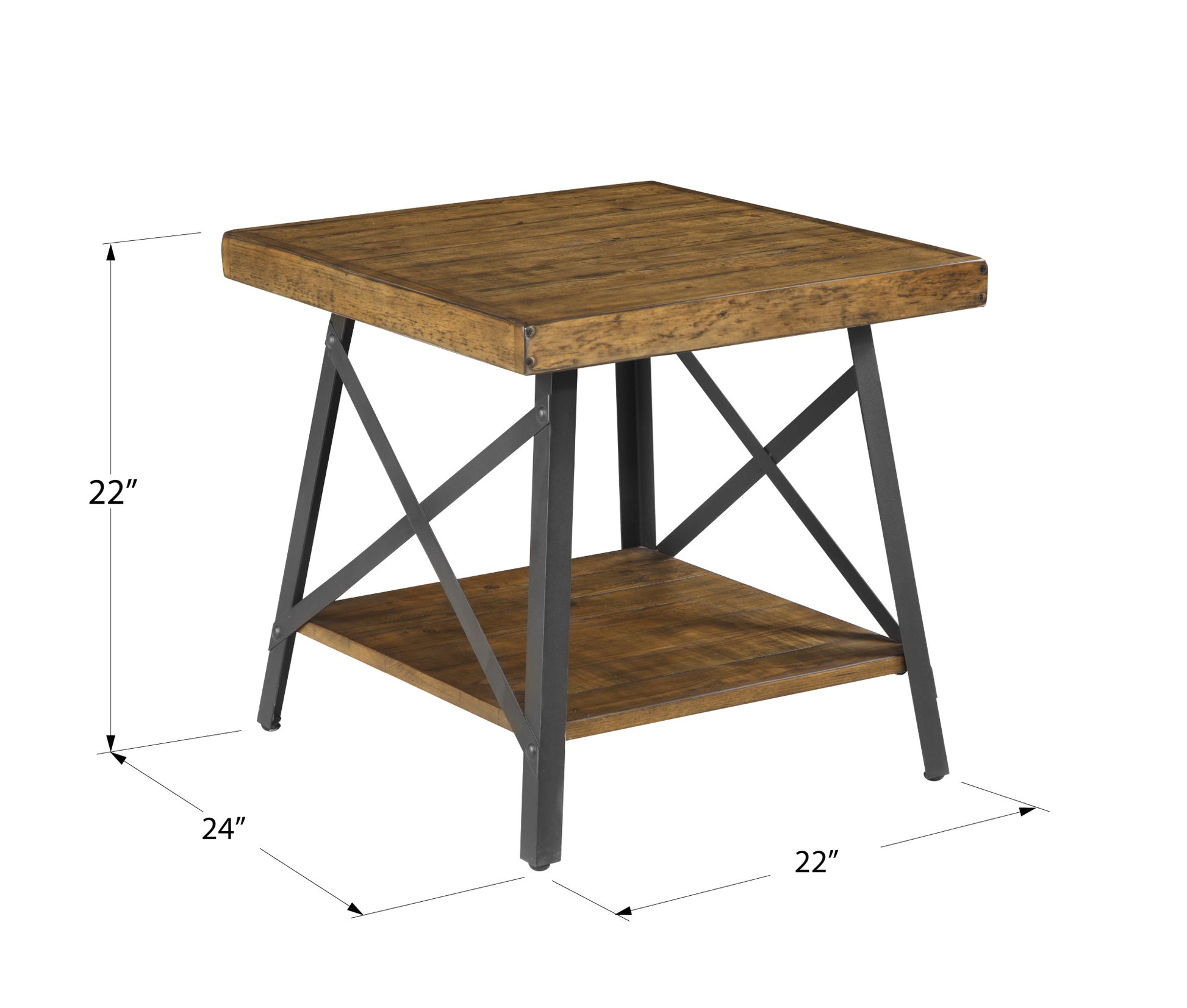 Rustic oak and metal end table with shelf