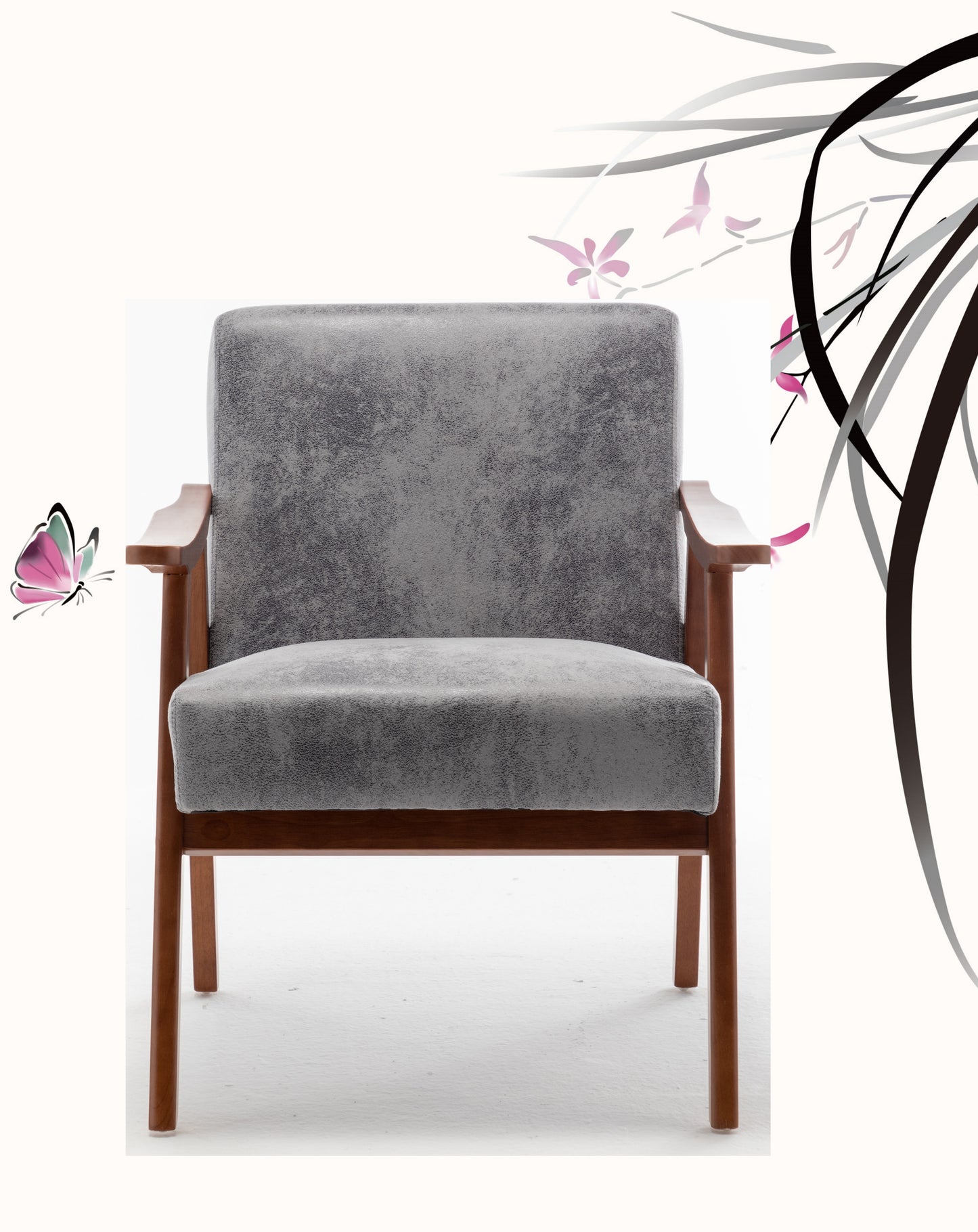Gray upholstered armchair with wooden legs and arms