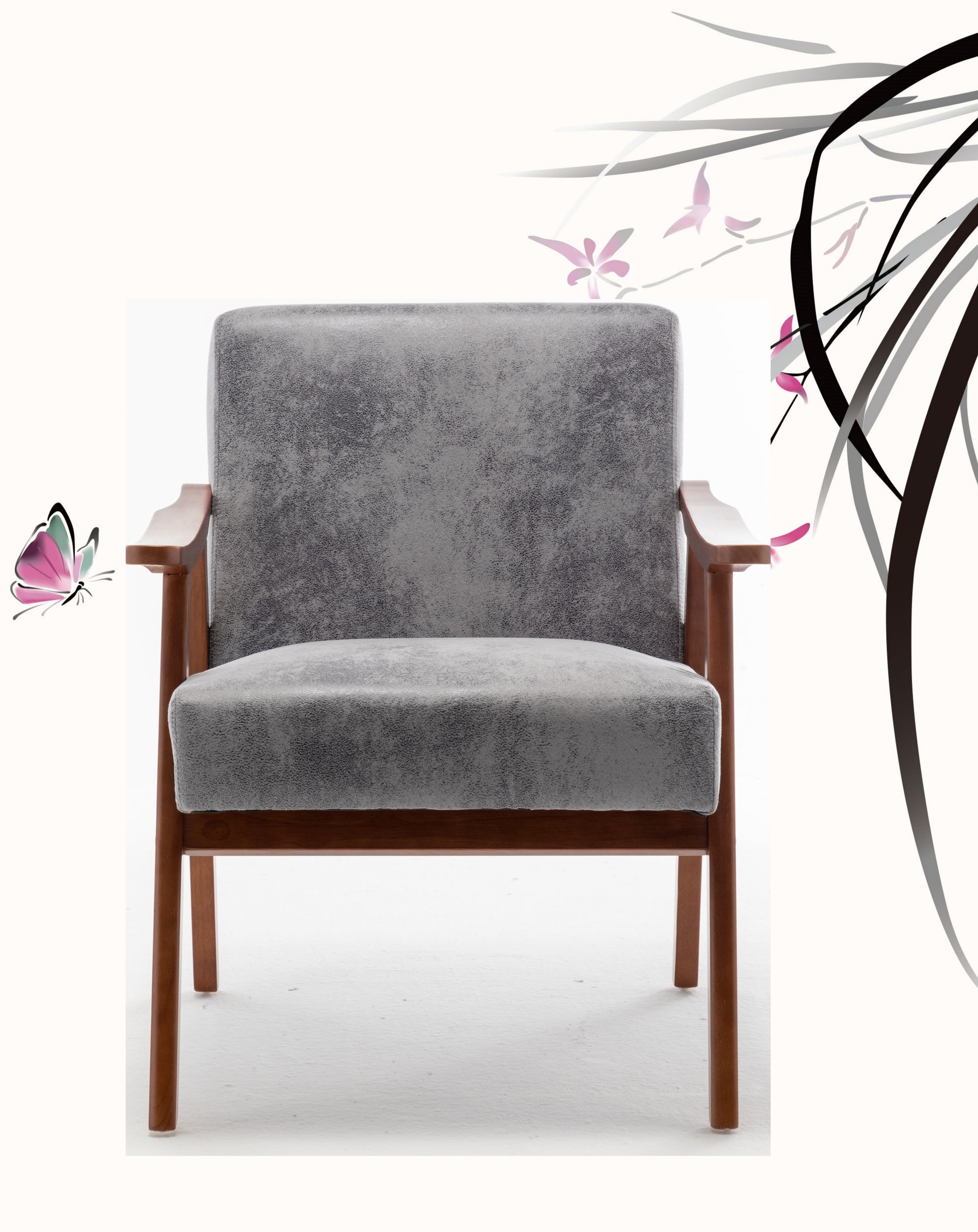 Gray upholstered armchair with wooden legs and arms