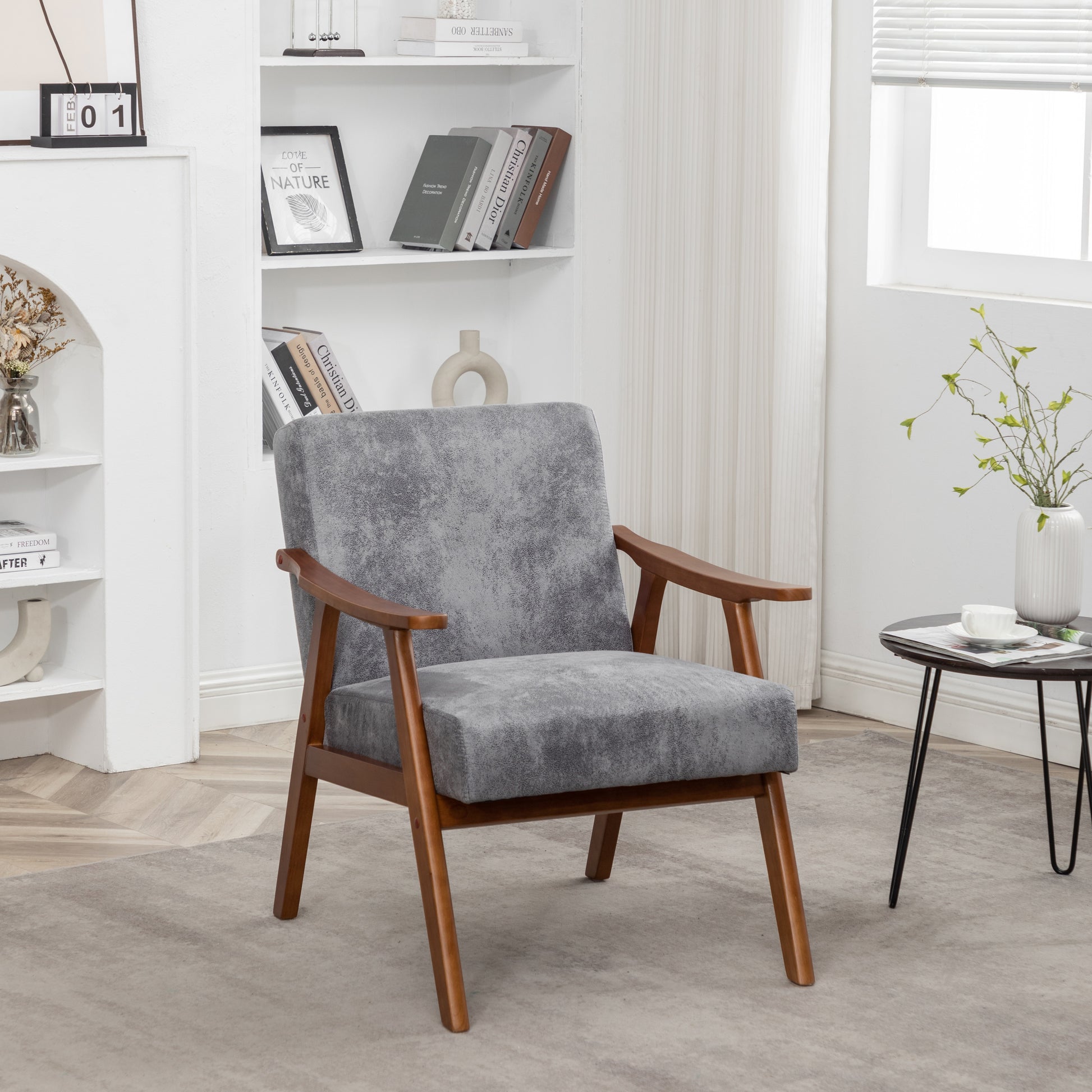 Gray fabric armchair with midcentury modern wooden frame