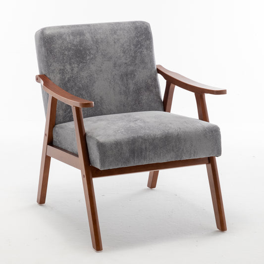Gray upholstered accent chair with walnut wood frame and arms