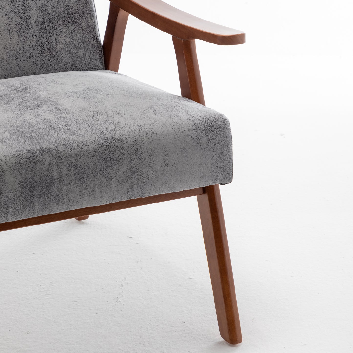 Grey textured fabric armchair with midcentury modern wooden legs