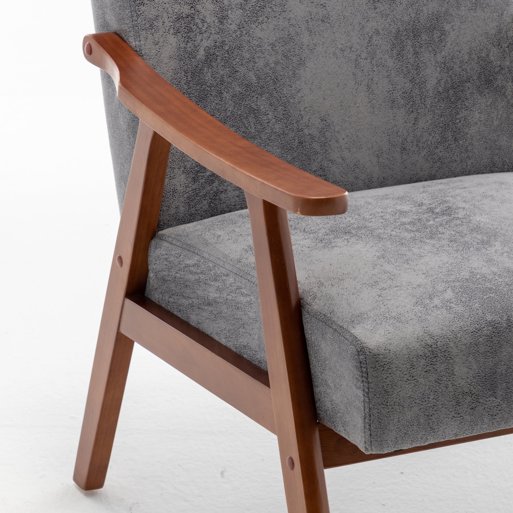 Gray suede accent chair with walnut wood arms