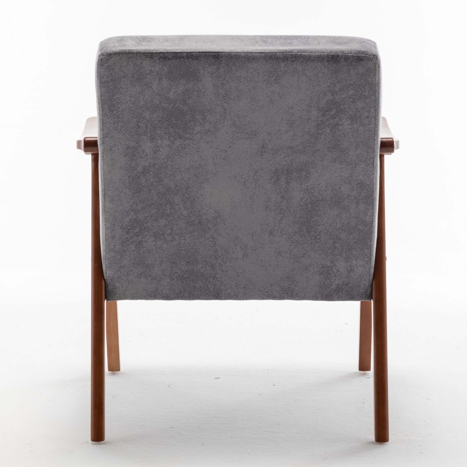 Back view of a modern gray upholstered chair with wooden legs