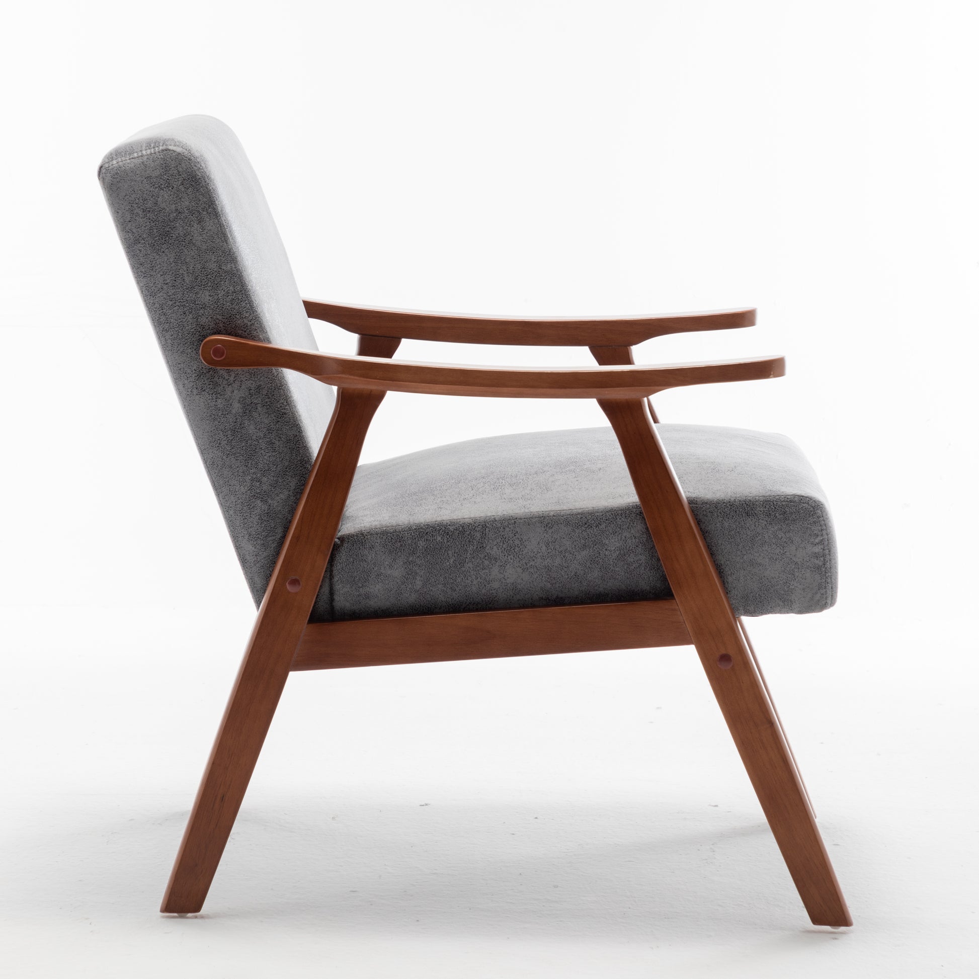 Gray fabric armchair with curved wooden arms and legs