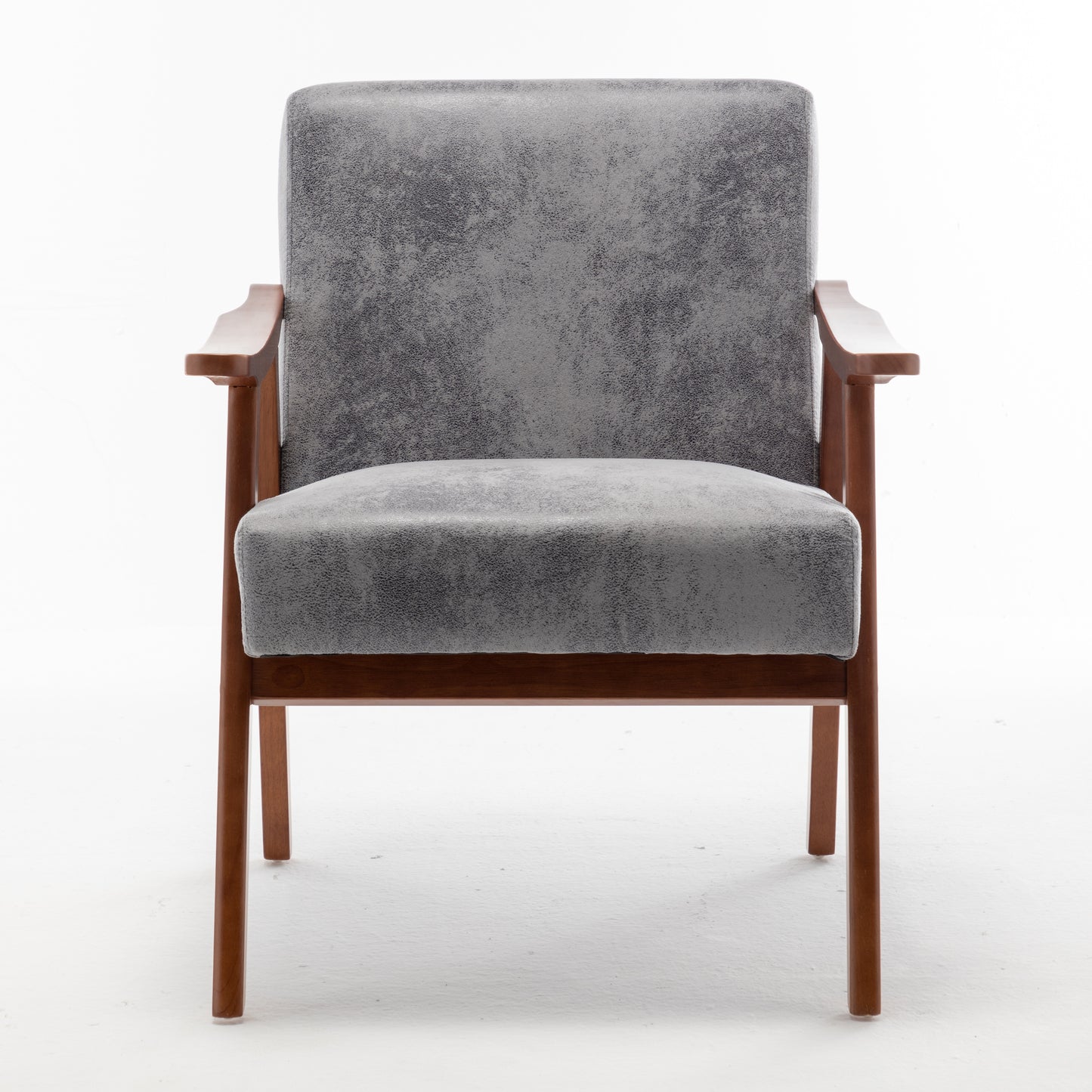 Grey upholstered accent chair with wooden arms and legs