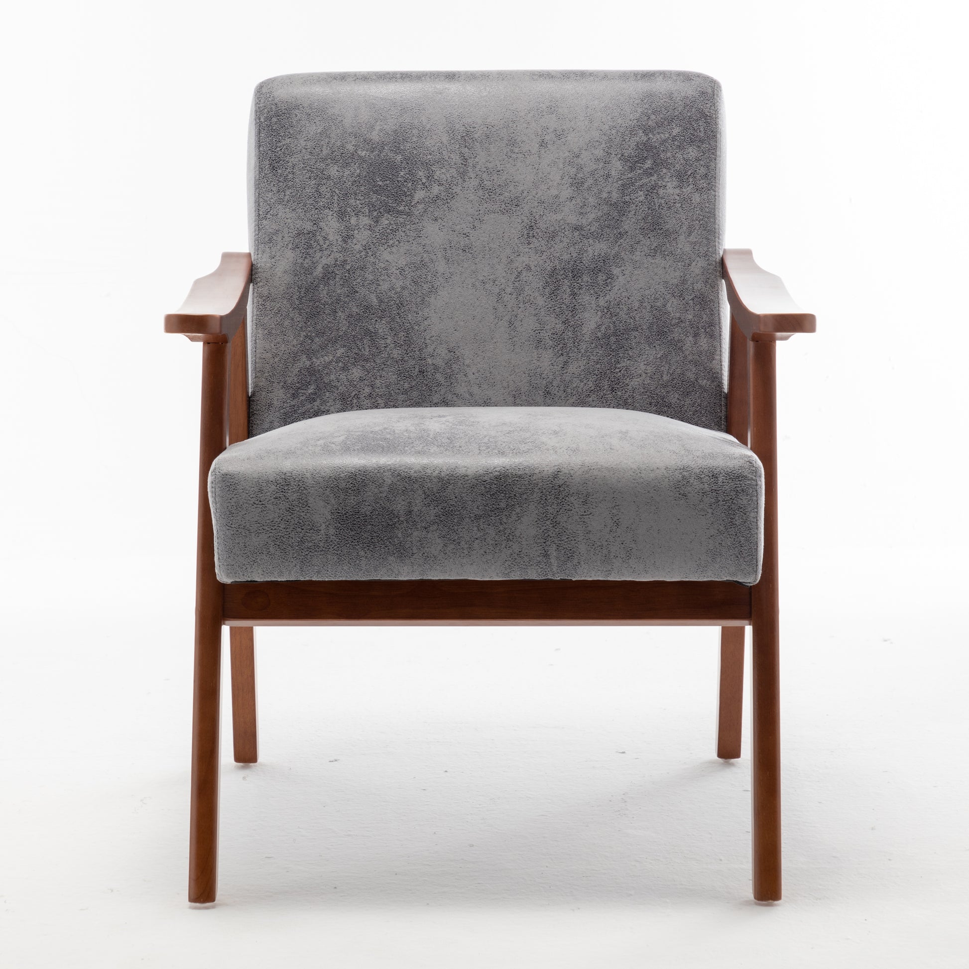 Grey upholstered accent chair with wooden arms and legs