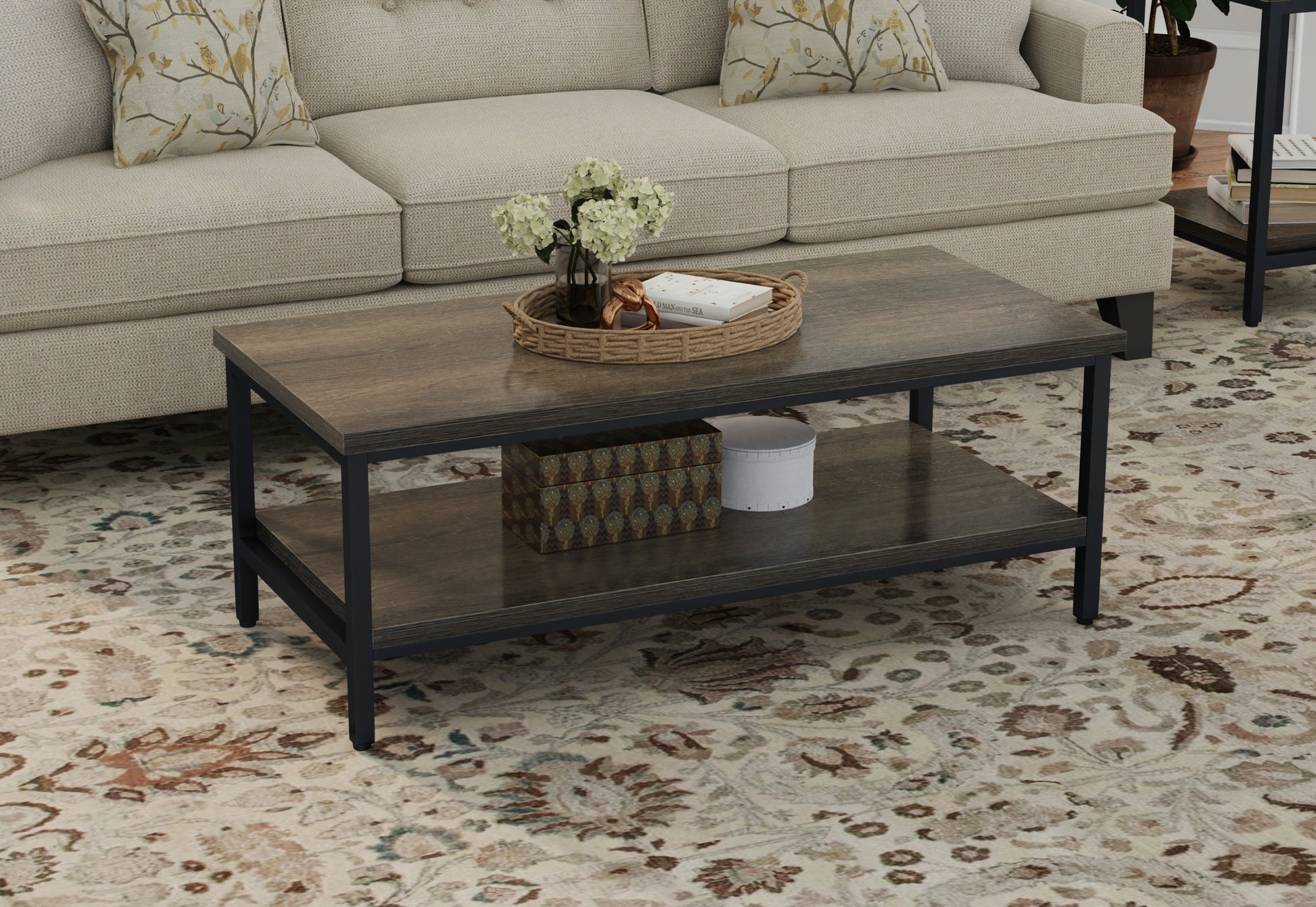 Rustic wood and metal coffee table with two shelves