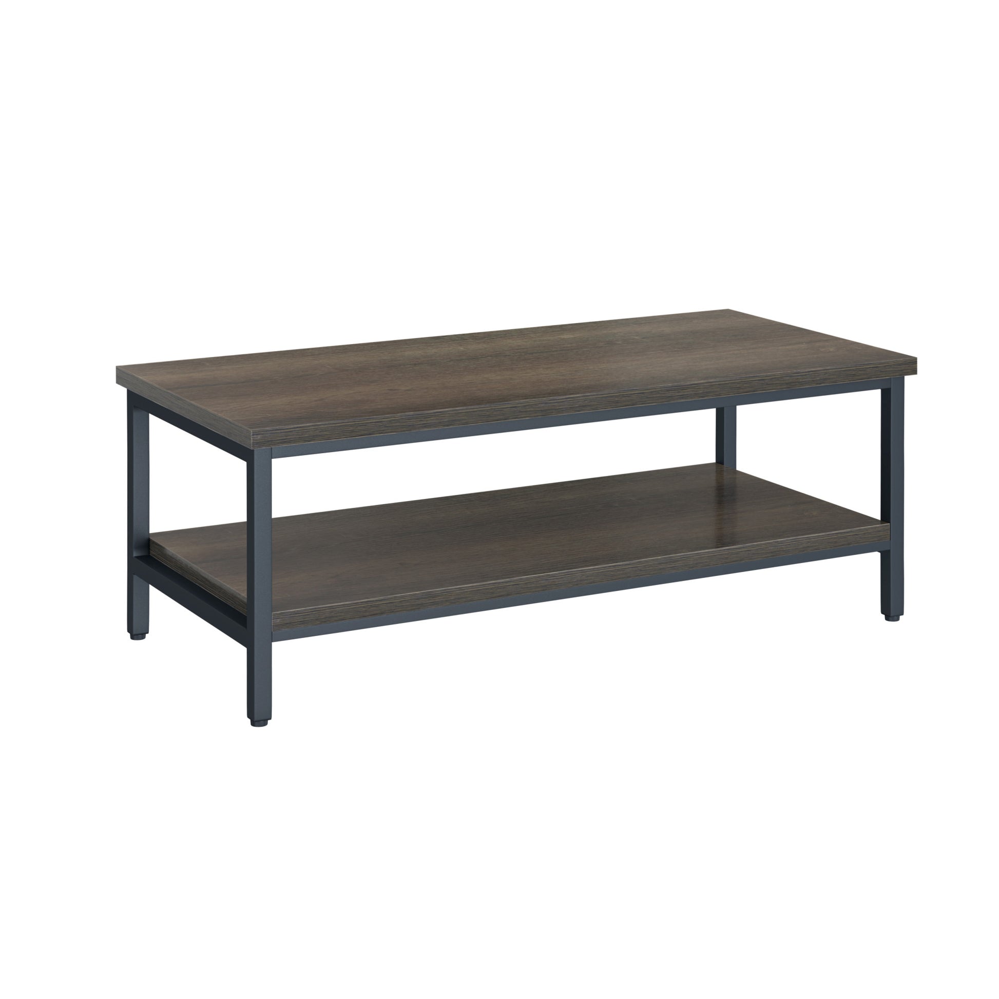 Dark wood twotier coffee table with black metal frame