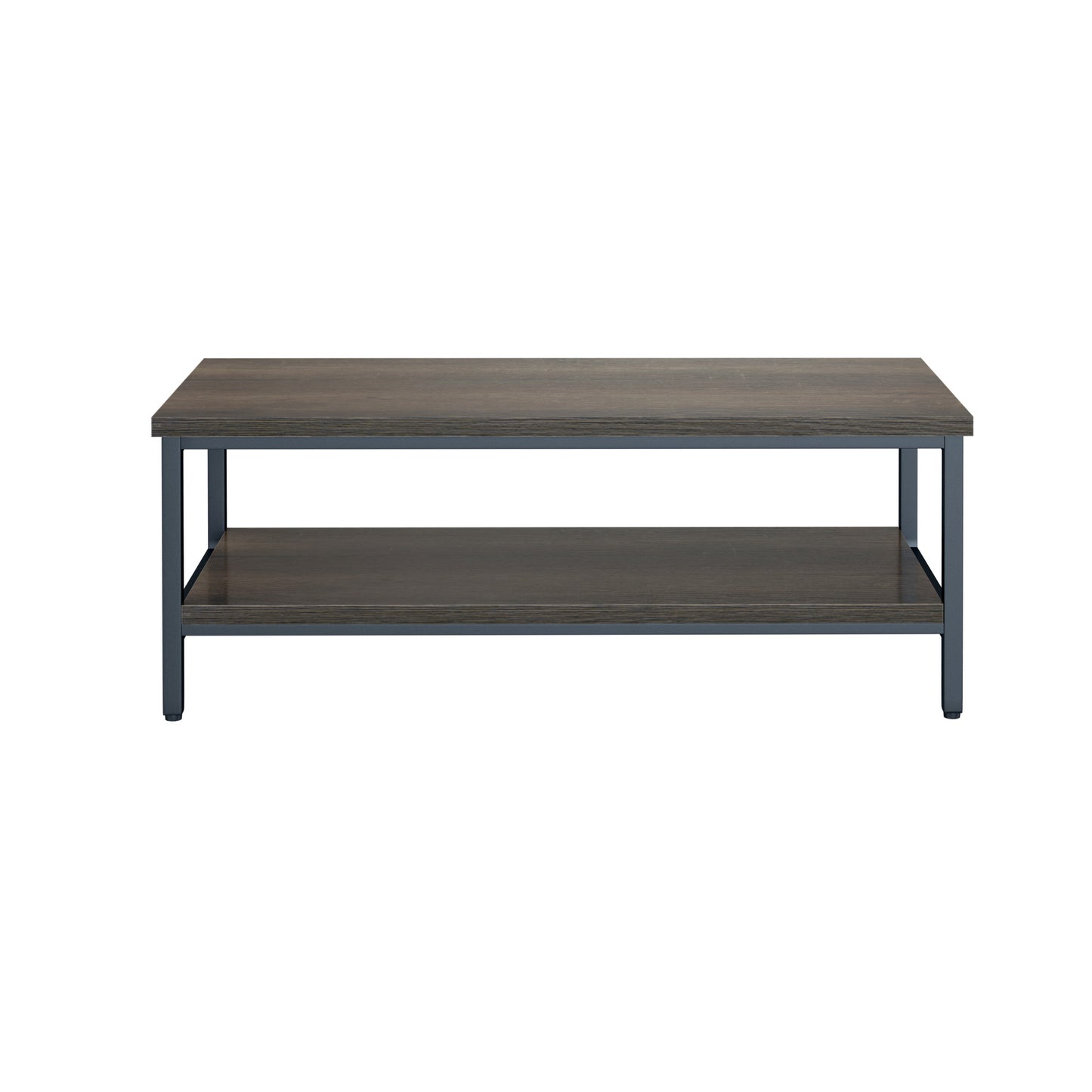 Dark wood grain twotier coffee table with black metal legs