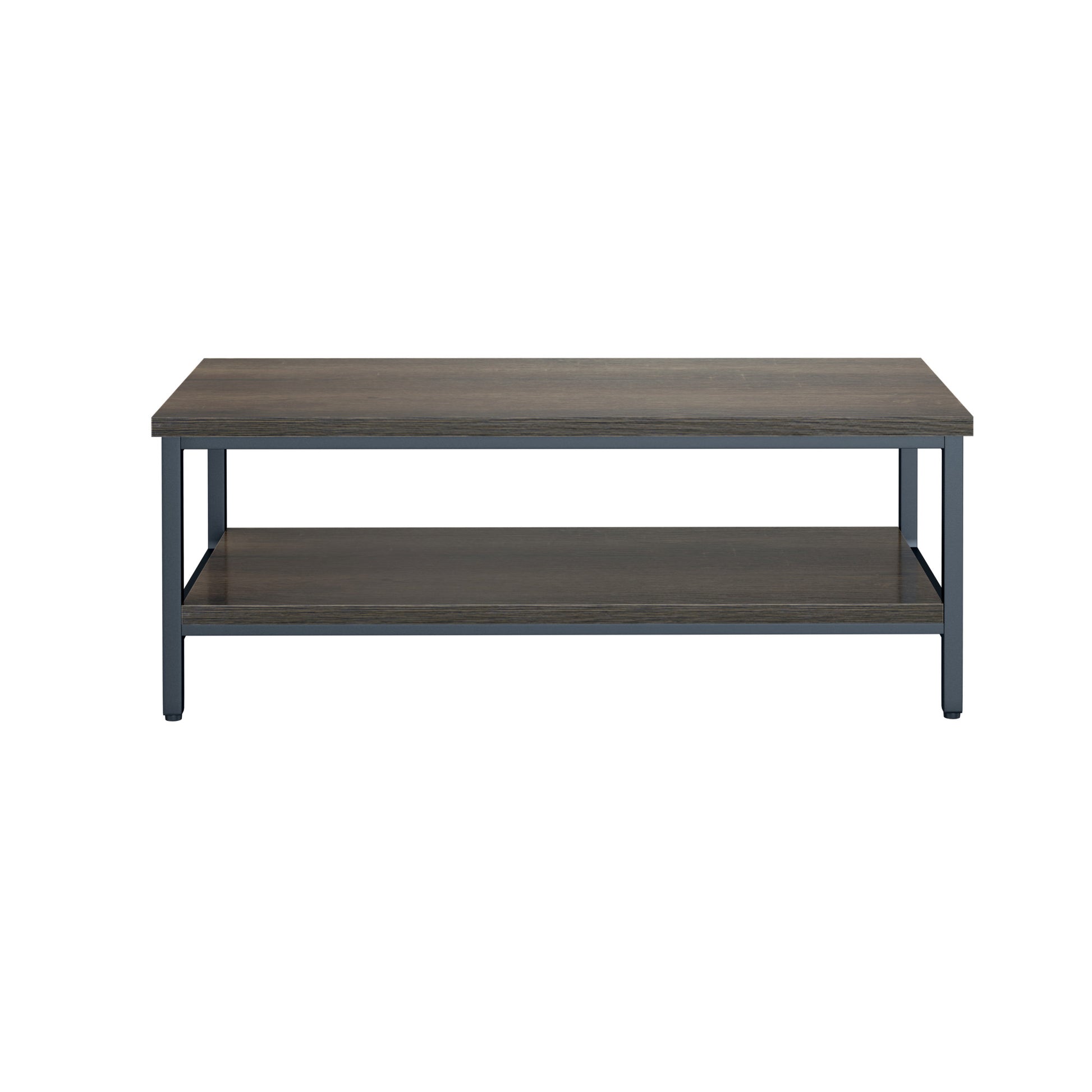 Dark wood grain twotier coffee table with black metal legs