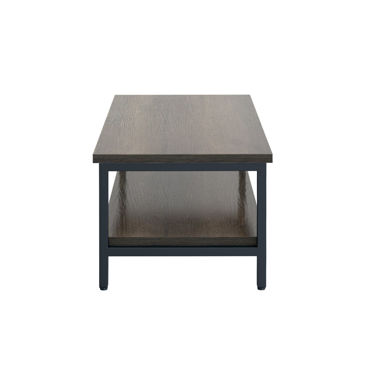 Dark wood twotier coffee table with black metal frame