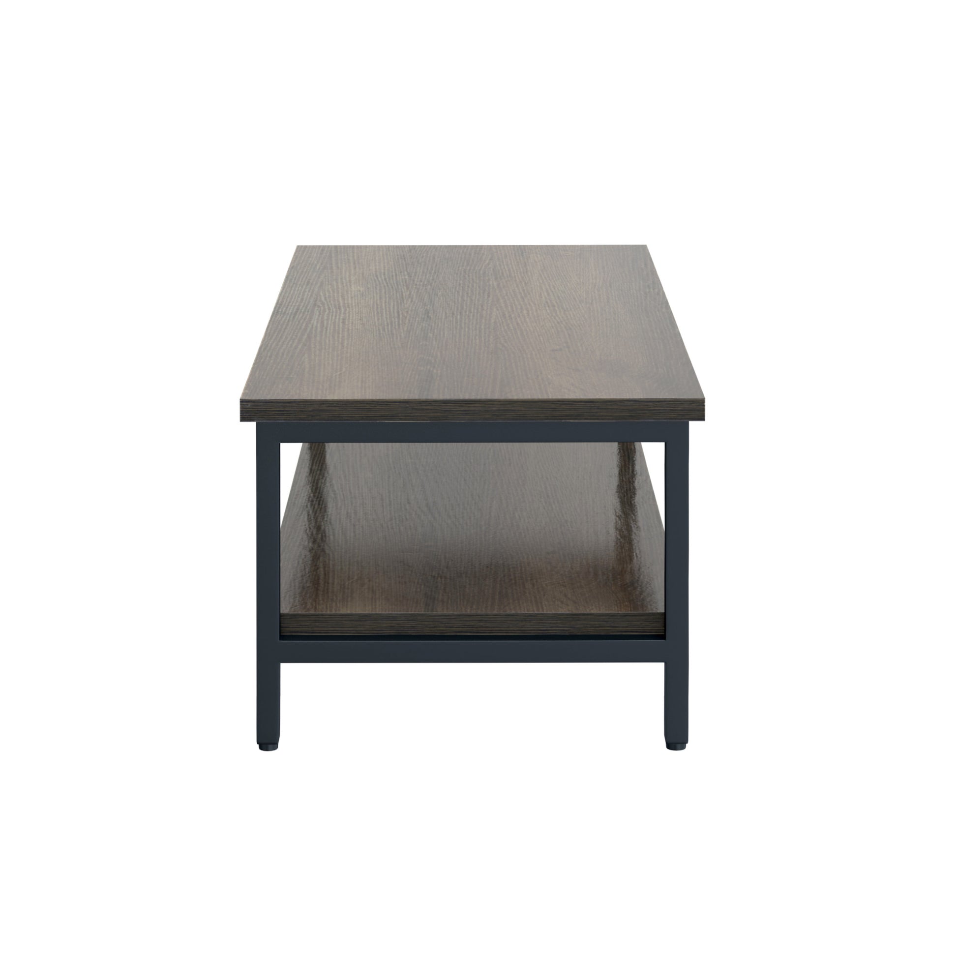 Dark wood twotier coffee table with black metal frame