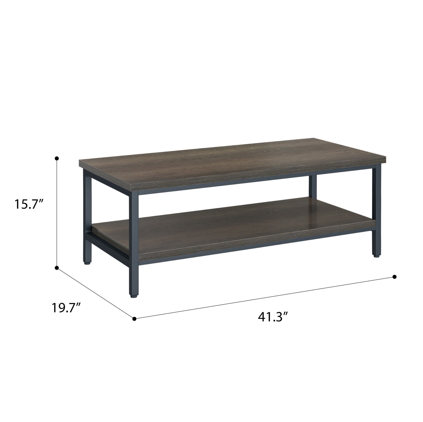 Dark wood grain coffee table with metal frame and lower shelf for modern living rooms